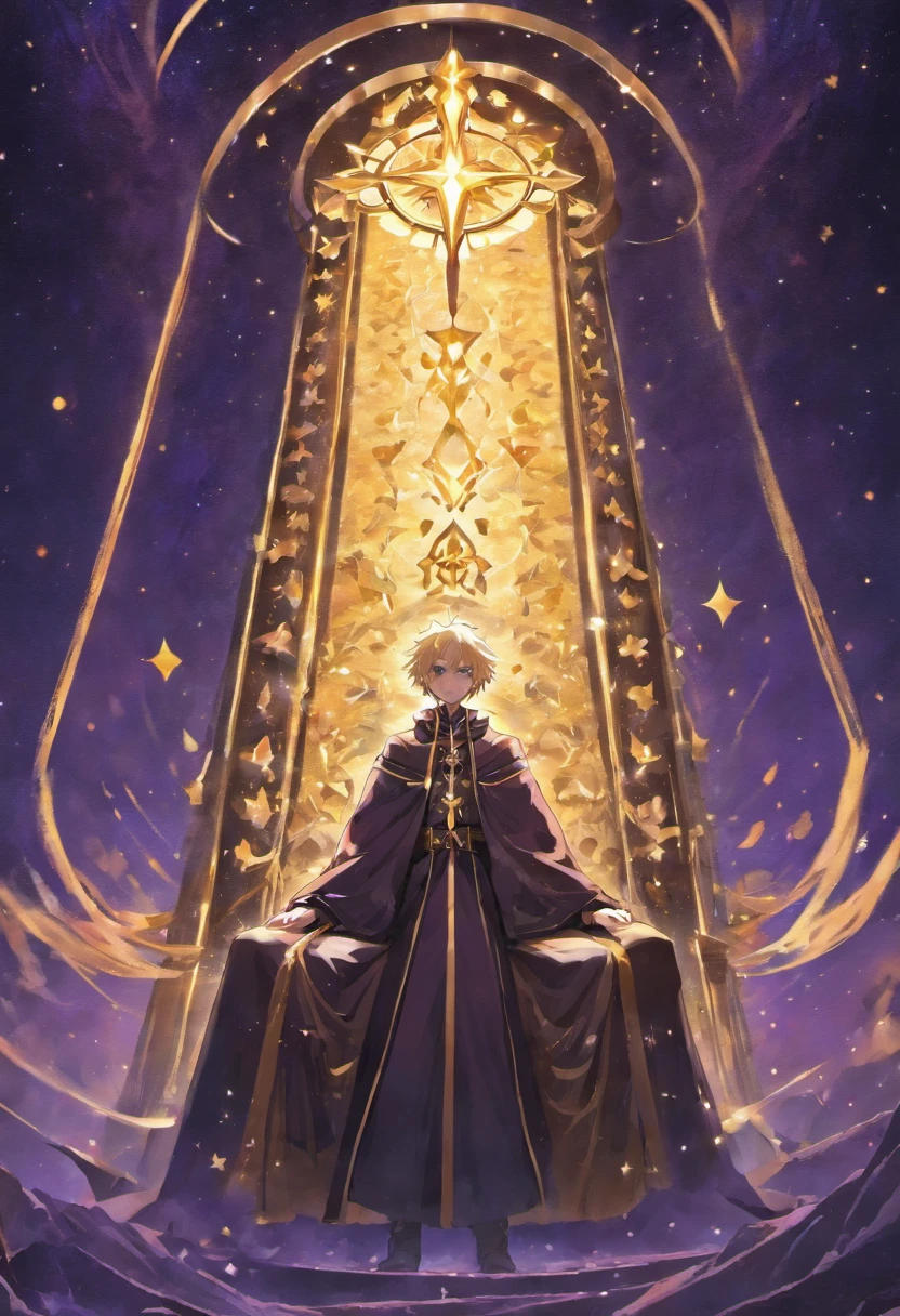An illusory golden bone in the shape of a cloth cloaked sits above an illusory starry throne,A young man with white hair and purple and gold eyes stood below in a black and gold robe,Blue starry sky background