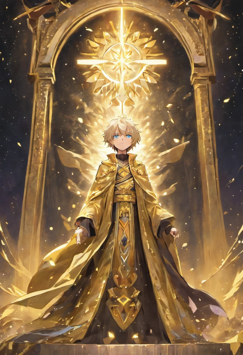An illusory golden bone in the shape of a cloth cloaked sits above an illusory starry throne,A young man with white hair and purple and gold eyes stood below in a black and gold robe,Blue starry sky background