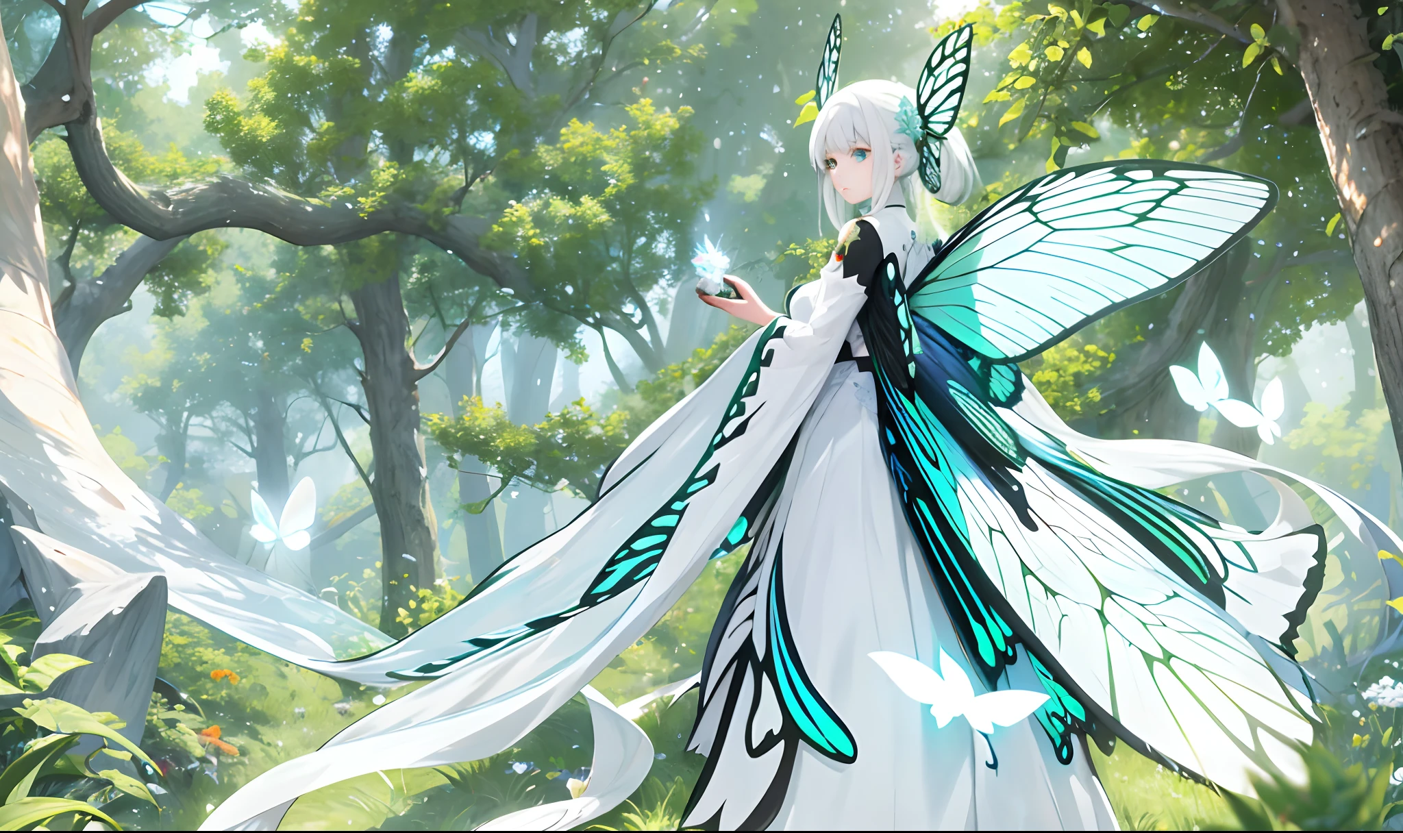 2D Beautiful Girl　white  hair　In front of the forest　modeled　Long　Green eyes　Butterfly wings from the back