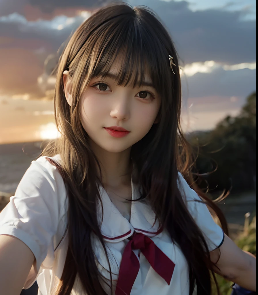 (Best Quality, High resolution, masutepiece :1.3), Pretty women, tiny chest、Constricted waist,
Against the background of a reddish sunset sky、Clouds and sun sink into the ocean, Beautiful schoolgirl standing in uniform、Her hair is light brown, Eta、Medium Bob Style. She wears a white blouse and pleated skirt as part of her uniform. She sits with her legs apart, And her gaze is directed to the camera. Create this scene from a low angle shot.17 year old girl、Happy smile、burst into laughter