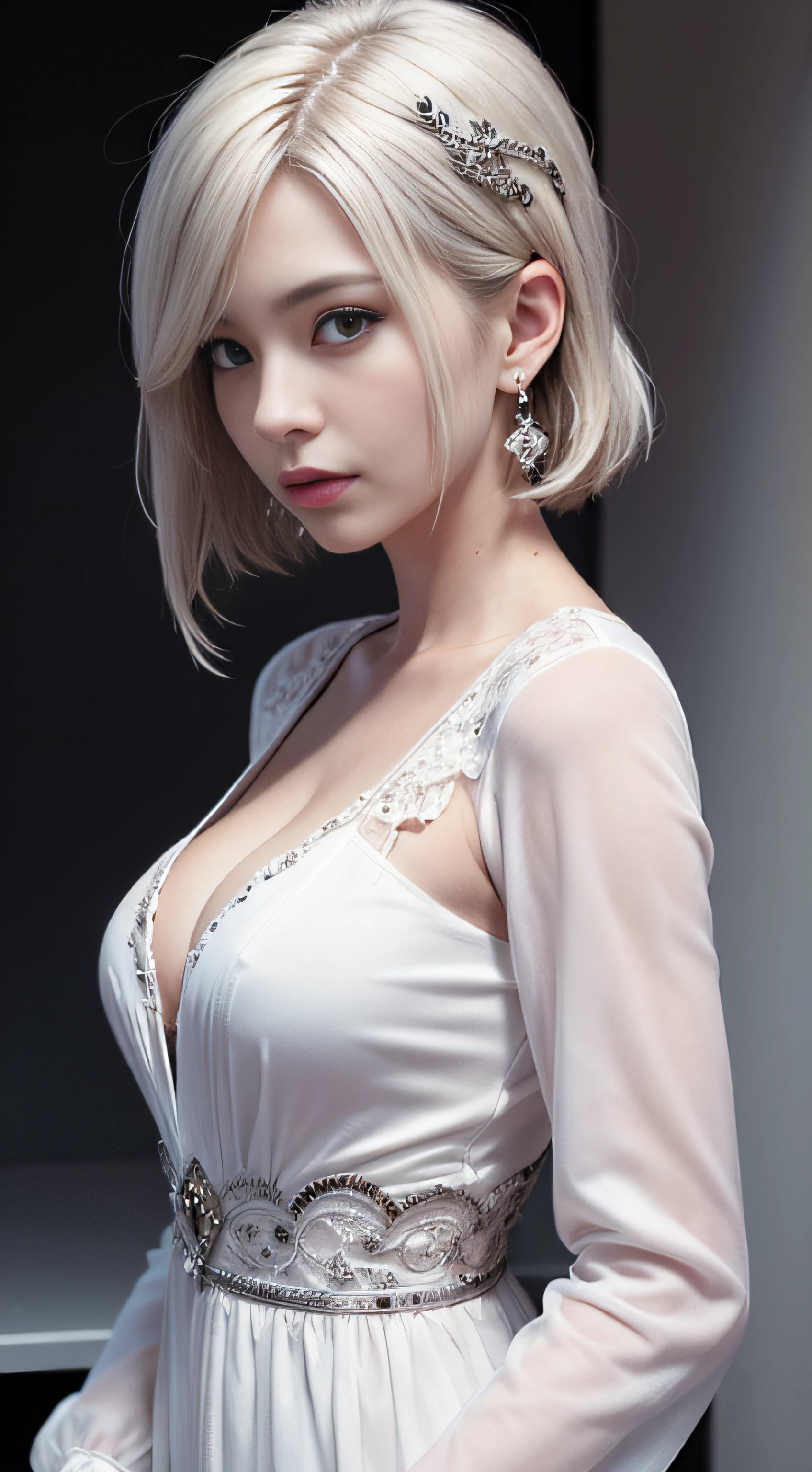 unsurpassed masterpiece, Ultra photo realsisim, perfect artwork, intricate details, Best Quality, strong light,High contrast,(extremely detailed CG unity 8k wallpaper .Masterpiece , (((Best Quality))) , ultradetailed , beautiful detail eyes:1.2)((Extremely detailed))) , High detail and beauty , small detailed , Ultra Detailed , beste-Qualit , Intricate , 4k , 8K , Trending art station , good anatomy , beautifully backlit , Award-winning , Jewelry , Dress , pectorals , earings , Separated Sleeves , black gloves , cleavage , white colored hair .long sleeves , Bangs , Average Breasts,