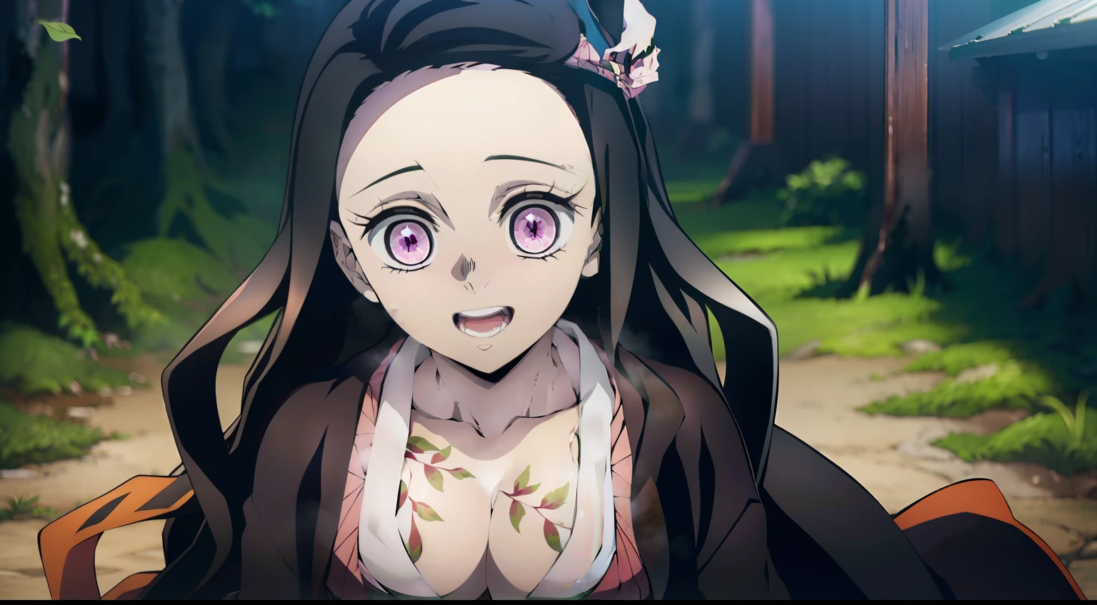 half naked, Sexy, Smiling, (Nezukokamado, Nezuko Kamado's masterpiece, ssmile, joying), Long black hair with orange tips, Ribbon Hair, hairlong, multi-colored hair, (pink eyes: 1.5) Bright, orange hair, Wavy Hair, two tone hair, professional photo of a, haori, Japanese outfit, Sexy kimono, long sleeves, obi, pink kimono, band, wariza, long sleeves, Perfect Curved Body, Tattooed body with leaves, permeating Her body, Lovely Medium Breasts, Her breasts are sticking out from under her clothes, BREAK (Master Part: 1.2), Best Quality, High Resolution, photorealestic, photogenic, Unity 8k壁纸, (illustartion: 0.8), (Beautiful detailed pink eyes: 1.6), extremely detailed face, perfect  lighting, extremely detailed CGI , (perfect arms, perfect anatomy), 18 year old girl with perfect breasts, Spits , (Perfect & Curved body, Leaf tattoos run all over her body, Bubian Hair), Hair is long and dull, red hair, beatiful face, roof, master study, intricate details, Detalhes realistas, the anime, (По мотивам Demon Slayer Kimetsu no Yaiba Nezuko Kamado) the perfect body, Perfect Pointed Breasts, The Perfect Girl, perfect details, Ultra HD |, 8K, Professional photo, Kimetsu no Yaiba Sexy Nezuko Kamado shows off her sexy body with a leaf tattoo, Naughty Demon, succubus, Joyful expression on his face,