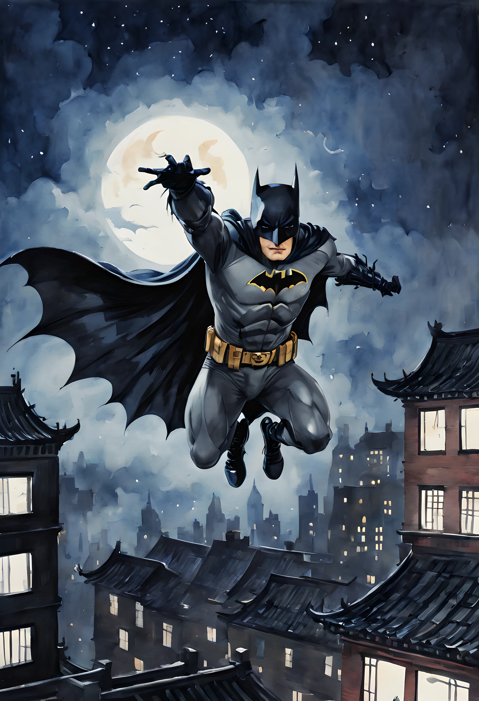 (halloween theme:1.5), (ink and watercolor painting:1.5), (batman:1.5), (Tasteful:1.5), (ink and watercolor painting:1.5), (Chinese style:1.5), (magic:1.5), (Batman:1.5), (portrait:1.5), (rooftop:1.5), (night:1.5), (midnight:1.5), (Gotham city:1.5), (jumping from roostop:1.5), (low angle:1.5), (dynamic pose:1.5), (dynamic angle:1.5), (acrobatic pose:1.5), (Slip empty:1.5), (spread arms:1.5), (Floating cloak:1.5), (upper bodoy:1.5), (movie one scene:1.5), (Dynamism:1.5), (fall:1.5), (Jumped:1.5), (wearing a mechanical batman bodysuit:1.5), wind,