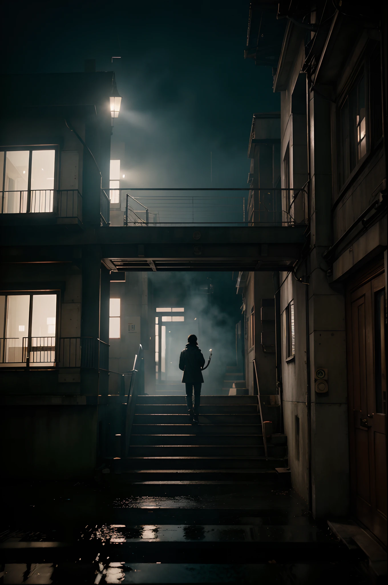 maze, Narrow steep staircase, Old Building, Floating buildings, Urban, City rain, art by miyazaki and Ian McQue and Akihiko Yoshida and Katsuya Terada, colorful, trending on artstation, gorgeous, ultra-detailed, realistic, 8k, octane render, hyper detailed, cinematic, Prores lense, Low angle shot, Desaturated color grading, rear projection, Tungsten light, Dynamic shadows, indie film,