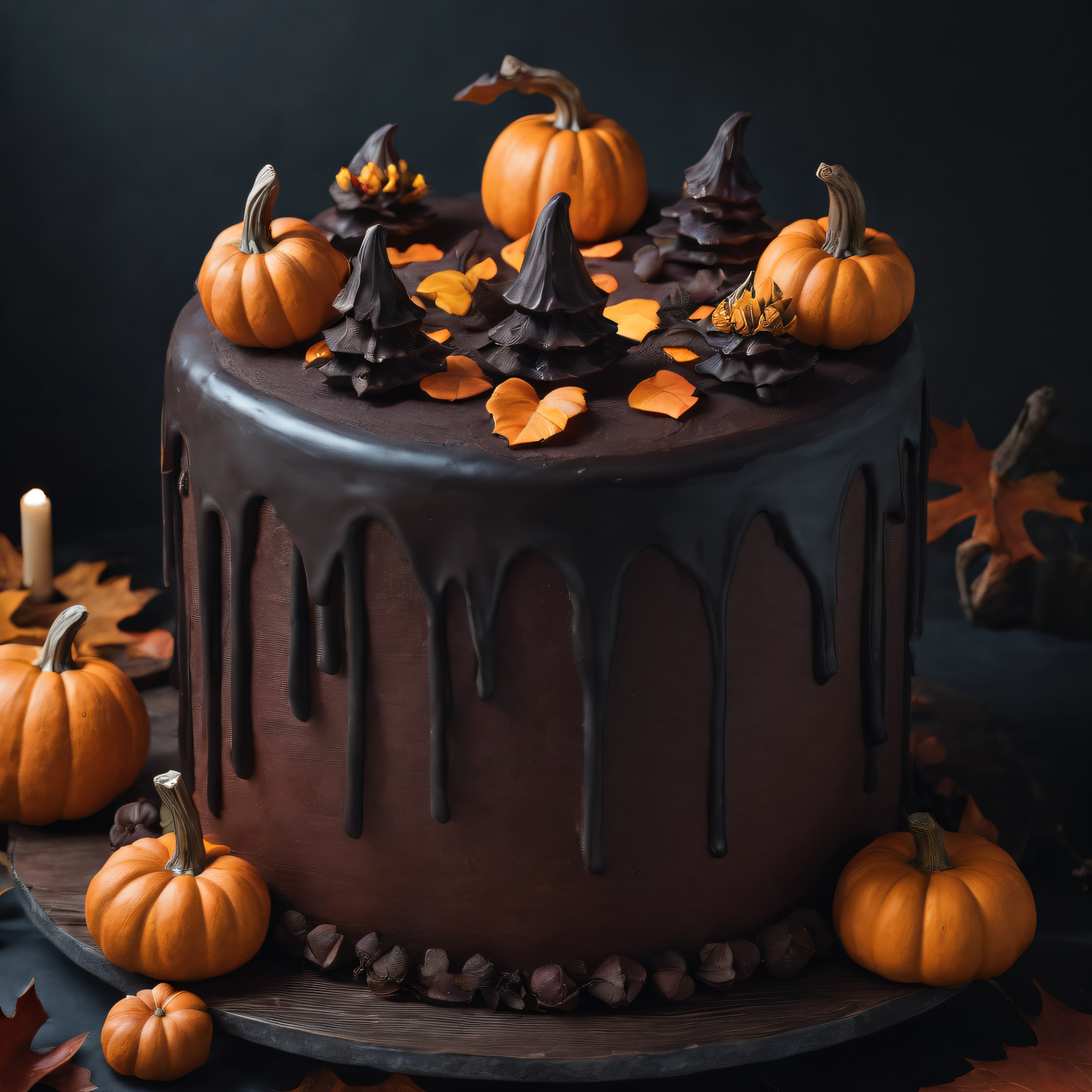 A Halloween-themed pumpkin-shaped cake.Beautifully decorated,Looks delicious,(Detailed icing), a lit candle, Spooky and seductive, (Autumn leaves), Warm and comfortable atmosphere, Haunted house decoration, Chocolate ganache, Spooky fudge accessories, (Creative toppings), intricatedesign, (Traditional Halloween elements), Terrible and delicious, Spooky atmosphere, Delicious layer, (The atmosphere of celebration), The subtleties of sin, (Autumn delicacies)。(Best quality,4K,8K,A high resolution,Masterpiece:1.2),Ultra-detailed,(Realistic,Photorealistic,photo-realistic:1.37),