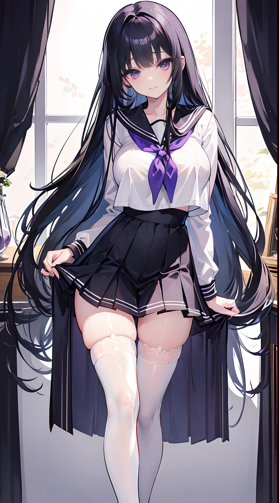 Long light black hair reaches waist-length,Deep purple eyes,Hair curtain,Two hair curtains on both sides,dishiveredhair,chiquita,Sailor uniform school uniform,huge tit,White skin of the,light smile,black lence stockings,Whole body diagram,Eye highlights,In school,
