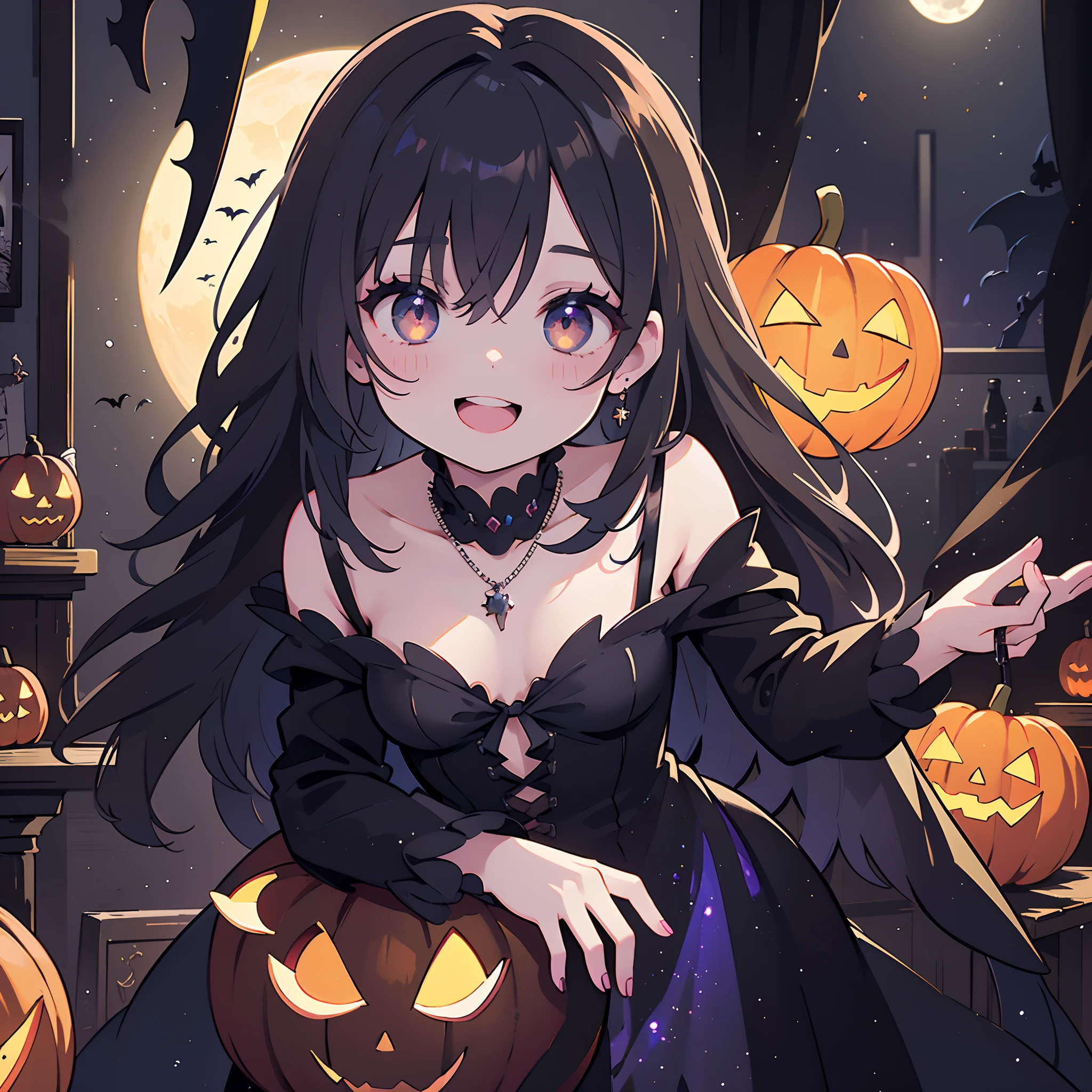 Best Quality,hight resolution,(Realistic:1.37),Halloween Party,Crowded room,Dark atmosphere,A room with a glittering décor,Spooky decoration,Wearing a necklace1Smiling Witch of Man,Detailed makeup,Spooky lighting,creepy atmosphera,Vivid colors,jack-o-lanterns,Dancing and laughing,Illustrated ghosts,Shadows and fog,Candies and snacks,trick or treat,magic potions,Happy face,Cobwebs and bats,Full moon in the sky
