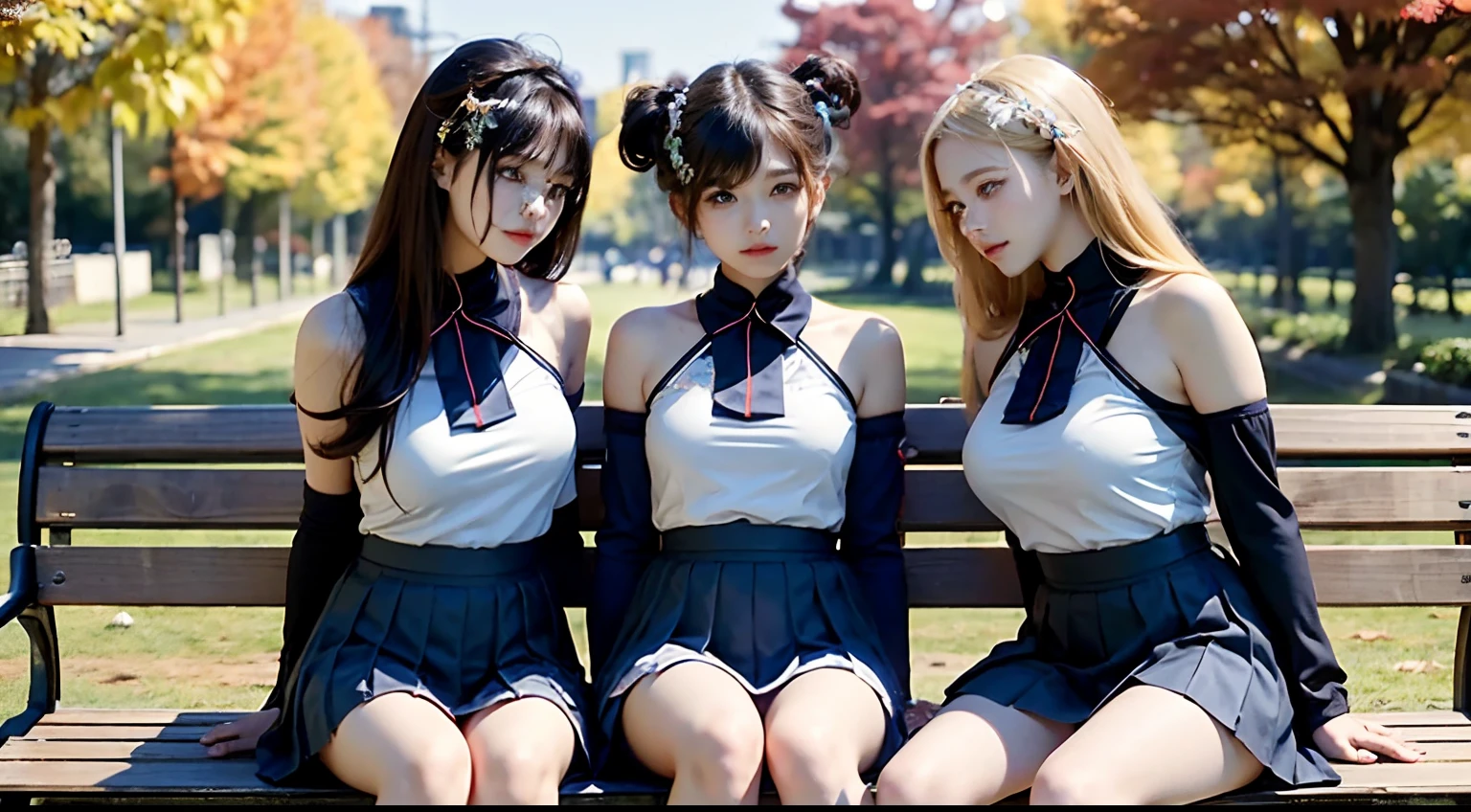 masutepie, Best quality, 3 girls, (3 beautiful girls:1.3), (sixteen years old:1.2), Very good eye definition, (Symmetrical eyes:1.3), (NSFW), Smiling 、 (Sitting on a park bench, bare shoulders, big breasts, knee-length pleated skirt uniform:1.3), Blue eyes, bangs, Blonde hair, Background is an autumn scene with many deciduous trees、Piercing sunlight through the trees、Beautiful silhouette sparkling under the backlight,　Idol - stylish face、Super pretty face: 1.2,　Beautiful face、no makeup、