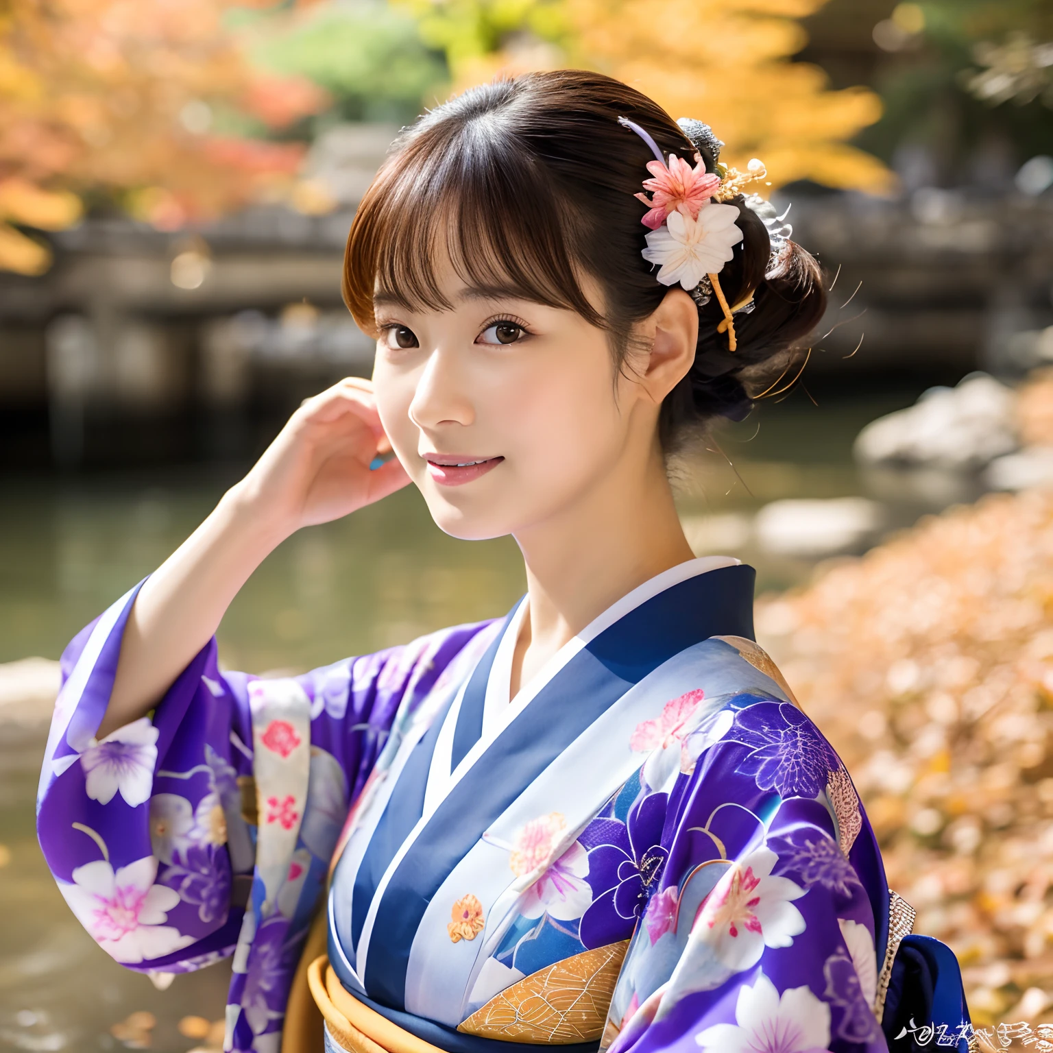 Best quality, high quality, ultra detailed, furisode , kimono , zouri , beautiful lady, adult lady, clear skin, Kyoto, autumn season