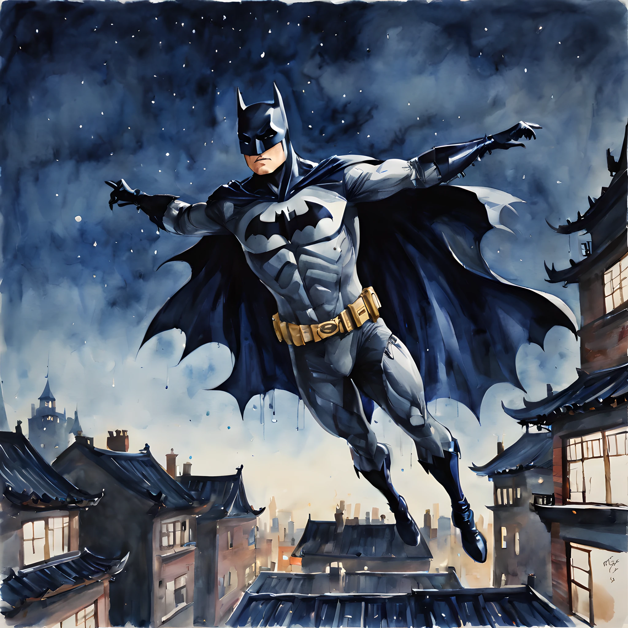 (halloween theme:1.5), (ink and watercolor painting:1.5), (batman:1.5), (Tasteful:1.5), (ink and watercolor painting:1.5), (Chinese style:1.5), (magic:1.5), (Batman:1.5), (portrait:1.5), (rooftop:1.5), (night:1.5), (midnight:1.5), (Gotham city:1.5), (jumping from roostop:1.5), (low angle:1.5), (dynamic pose:1.5), (dynamic angle:1.5), (acrobatic pose:1.5), (Slip empty:1.5), (spread arms:1.5), (Floating cloak:1.5), (upper bodoy:1.5), (movie one scene:1.5), (Dynamism:1.5), (fall:1.5), (Jumped:1.5), (wearing a mechanical batman bodysuit:1.5), wind, (dripping paint;1.5),