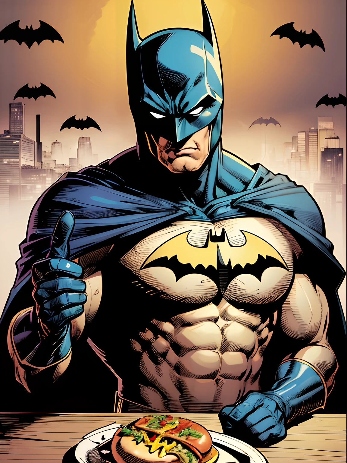 masterpiece, (absurdres, highres, ultra detailed), jim lee, batman, holding hamburger