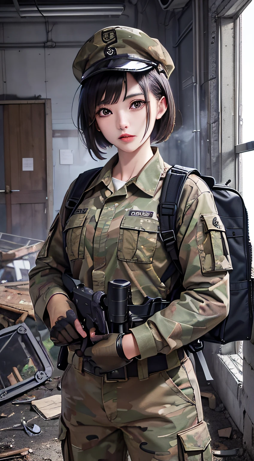 ((tmasterpiece、ultra fine photos、top-quality、超A high resolution、foco nítido、chest circumference))、、beautiful female soldier、delicated face、White skin of the、High detail skin、Realistic details of skin、Short short-haired cat、Camouflage cap、Combat equipment、black undershirt、Army long-sleeved camouflage uniform、camouflage pants、Combat gloves、rucksack、Detailed and complex busy background、Rooms in abandoned buildings、White smoke、Detailed facial and chest depictions、detailed hand depiction、Combat pose、Dynamic action、watching at viewers