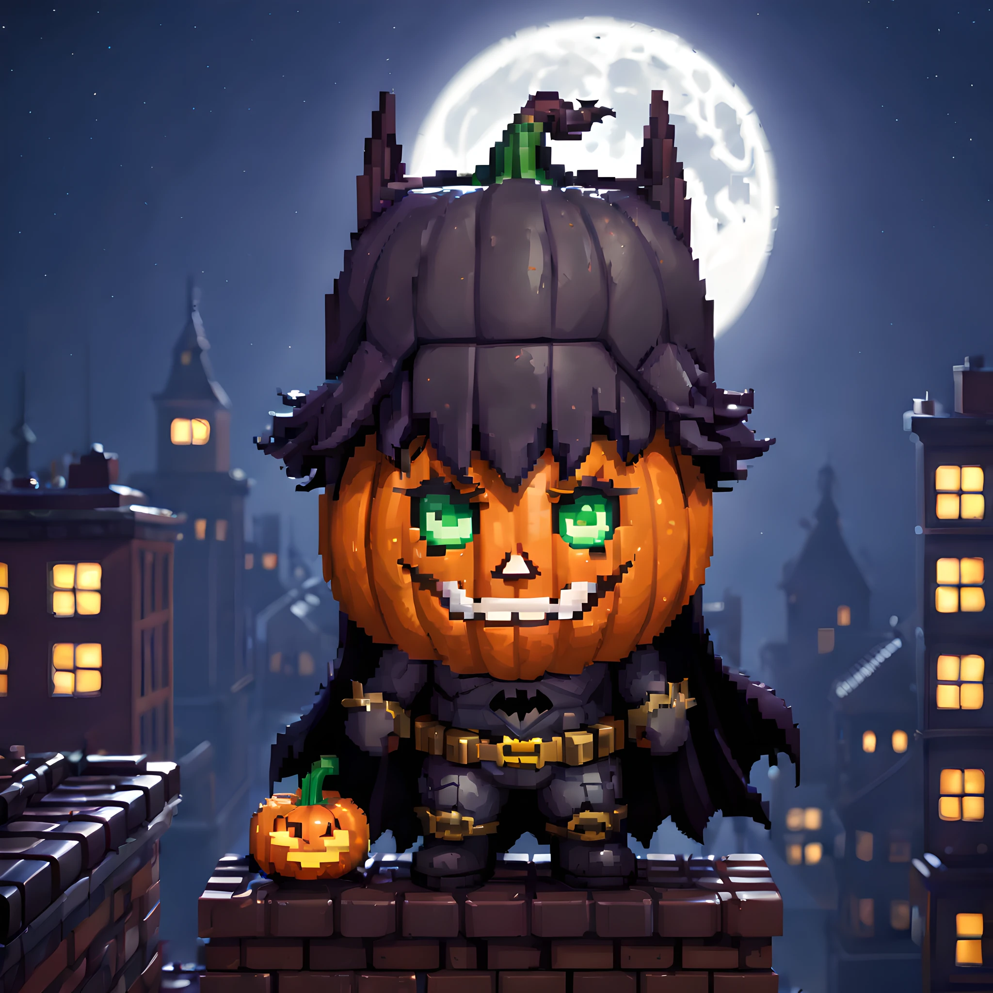 (Pixel art:1.5), (batman:1.5), (Gotham city:1.5), (Halloween:1.5), (pumpkin face:1.5), (moonlight:1.5), cute, pixel art, chibi emote, chibi character, 2D, (rooftop:1.5),