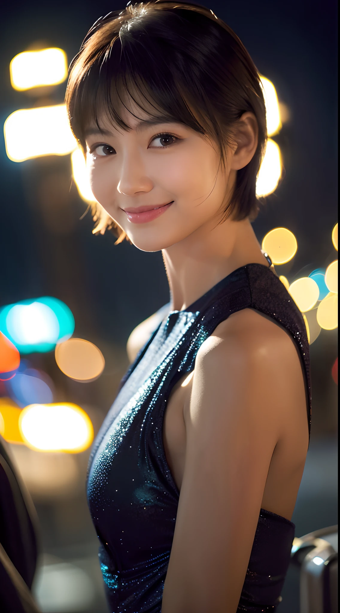 ((full bodyesbian))、(((leotard)))、(((Bright night city)))、((1人))、((short-hair))、((sexy pose))、((Beautiful adult woman))、((A slight smil))、((A slender))、Photorealsitic、Beautiful detailed eyes、Hyper-Realism、highcontrast、Ultra HD、realistic skin textures、Top image quality、top-quality、超A high resolution、Fine details、Very meticulously