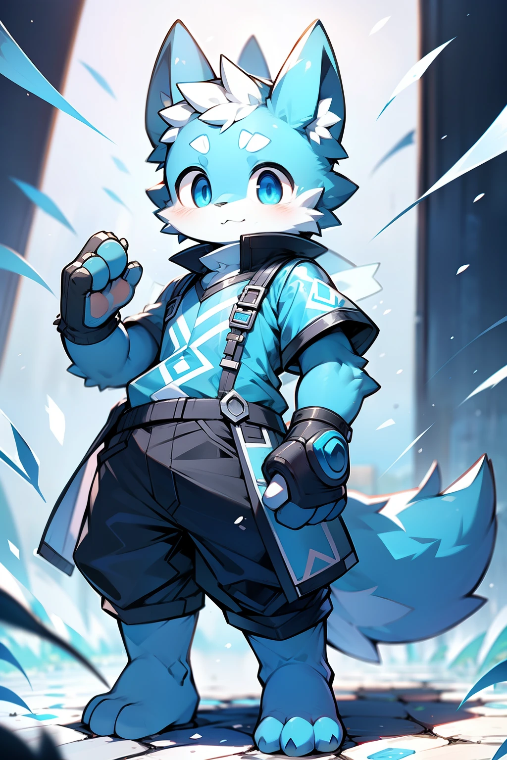 furry cat, forelimb, legs, standing shota boy, overall white head, arms, body and legs, blue pattern all over, blue flesh pads, eyes and pupils blue, furry, no clothing, two ears, large bushy tail of a squirrel, insect antennae, bug wings