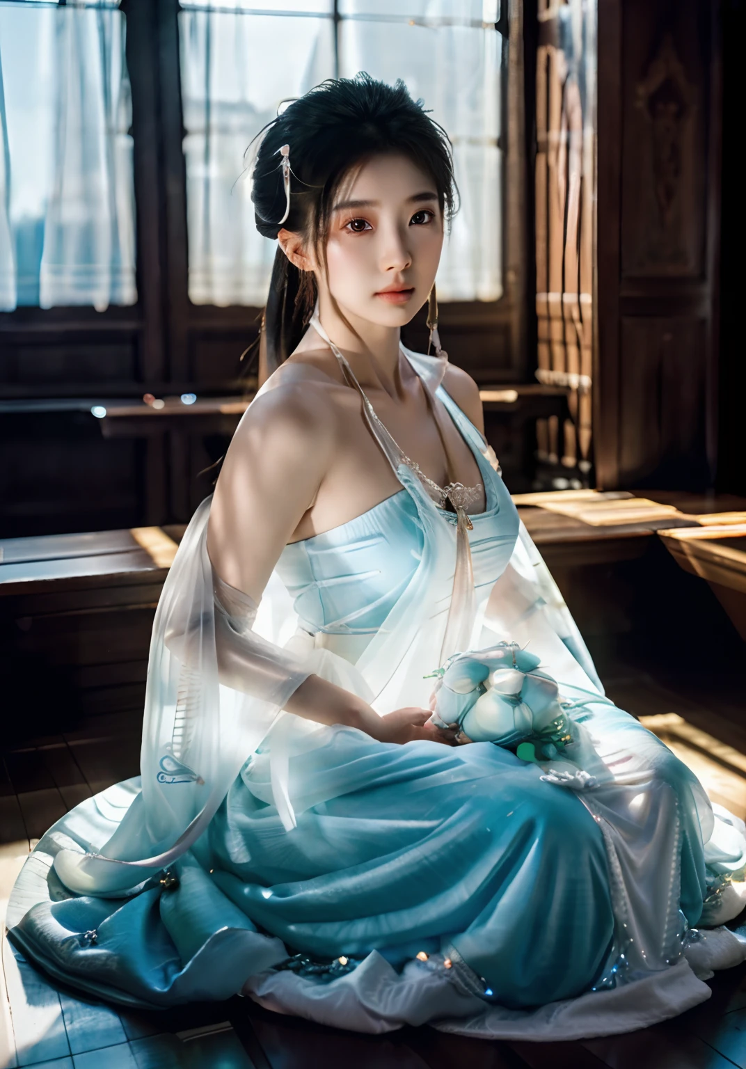 Absolute beauty, Jade Beauty, Face of the Goddess, Heroine Xianxia, Lots of silk, (Best Quality,4k,8K,hight resolution,Masterpiece:1.2),Ultra-detailed,(Realistic,Photorealistic,photo-realistic:1.37), HDR, UHD, studio lightning, ultra-fine painting, sharp-focus, physical based rendering, extreme detail description, Professional, Vivid colors, bokeh, portrai, landscape, Horror, the anime, Sci-Fi, photografic, Concept Artists, bright colours, soft pastels, Gentle light, ethereal ambiance, Tranquil environment, flowing water, blooming flowers, Intricate Patterns, intricate hairstyle, Delicate jewelry, flowing clothes, Elegant posture, serene expression, radiant & Glowy skin, Long and delicate limbs, Mesmerizing eyes, gentle smile, fine makeup, Enchanting background, Mystical creatures, Dynamic action, Supernatural forces, Dazzling Effects.