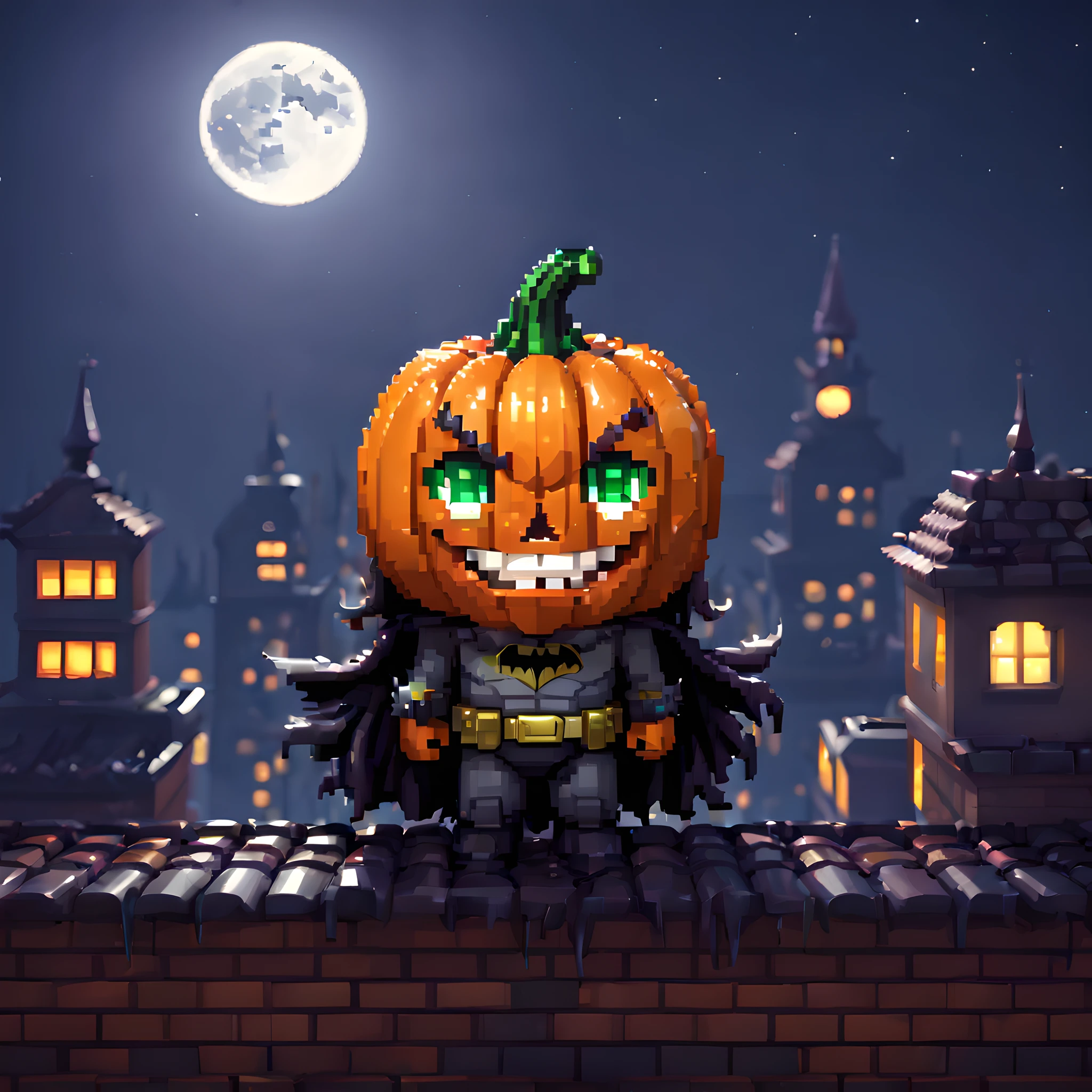 (Pixel art:1.5), (batman:1.5), (Gotham city:1.5), (Halloween:1.5), (pumpkin face:1.5), (moonlight:1.5), cute, pixel art, chibi emote, chibi character, 2D, (rooftop:1.5),