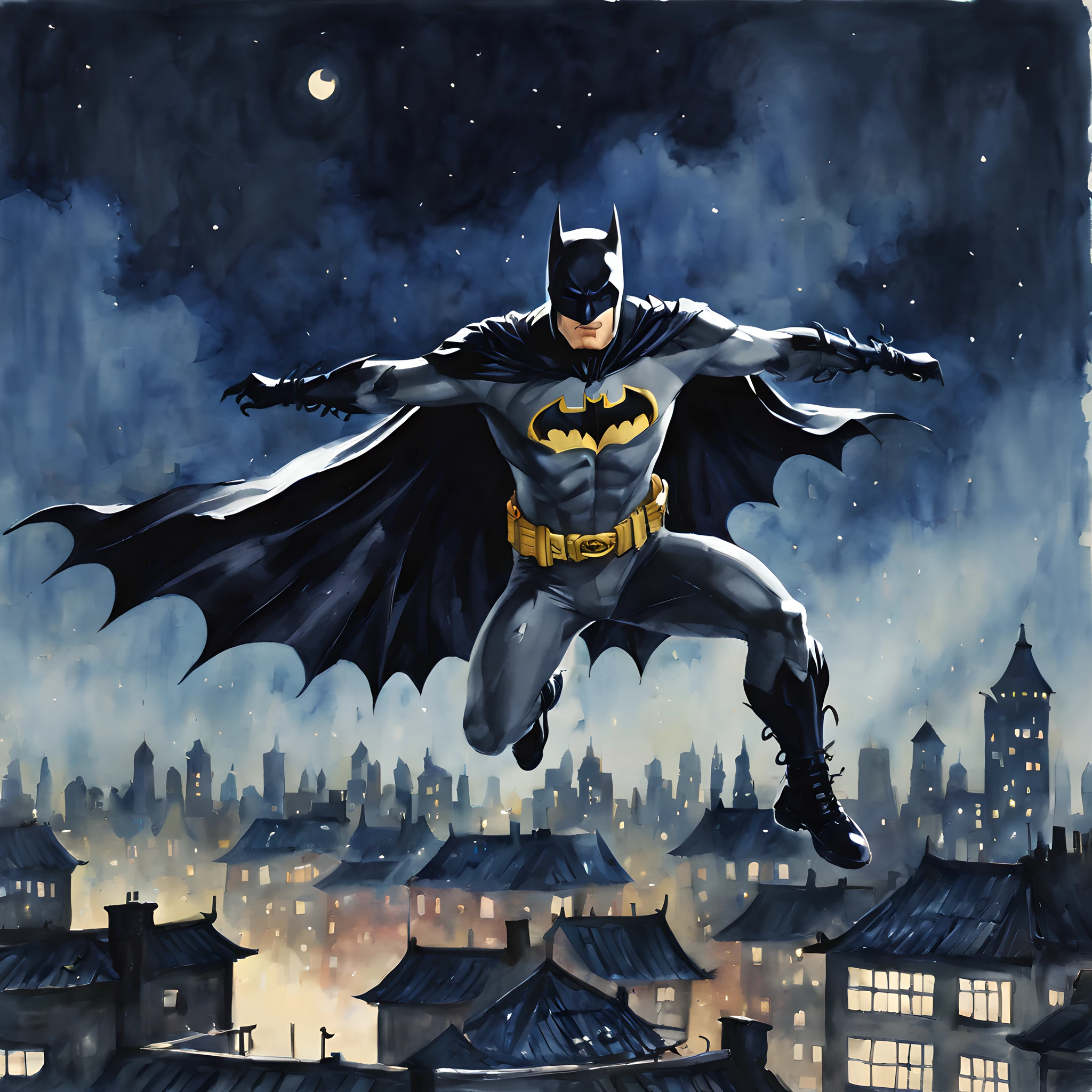 (halloween theme:1.5), (ink and watercolor painting:1.5), (batman:1.5), (Tasteful:1.5), (ink and watercolor painting:1.5), (Chinese style:1.5), (magic:1.5), (Batman:1.5), (portrait:1.5), (rooftop:1.5), (night:1.5), (midnight:1.5), (Gotham city:1.5), (jumping from roostop:1.5), (low angle:1.5), (dynamic pose:1.5), (dynamic angle:1.5), (acrobatic pose:1.5), (Slip empty:1.5), (spread arms:1.5), (Floating cloak:1.5), (upper bodoy:1.5), (movie one scene:1.5), (Dynamism:1.5), (fall:1.5), (Jumped:1.5), (wearing a mechanical batman bodysuit:1.5), wind, (dripping paint;1.5),