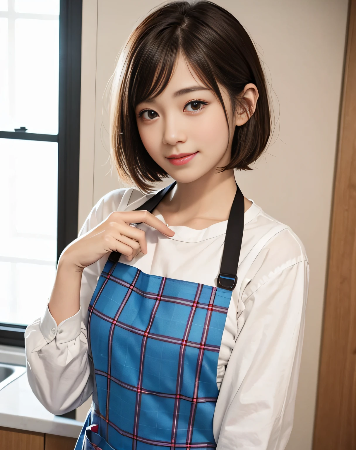 Browsing Caution:1.35、close range、Beautiful woman、cute、((Female Nursery Teacher))、smile、Extra Very Short Hair、((Delicate photo))，(Detailed RAW photos of girls), (Tabletop:1.0), (Highest quality:1.6), (Ultra-high resolution:1.5), (Realistic:1.75), 8K resolution, Absurd, Ultra-detailed,Cinema Lighting,、nursery school、Braid、((Wearing an apron:1.2))、(Hairstyle with bangs)、Long sleeve T-shirt、((Colorful kids room:1.1))、((Lots of toys:1.))、Pleated skirt、((cute壁紙の部屋))、