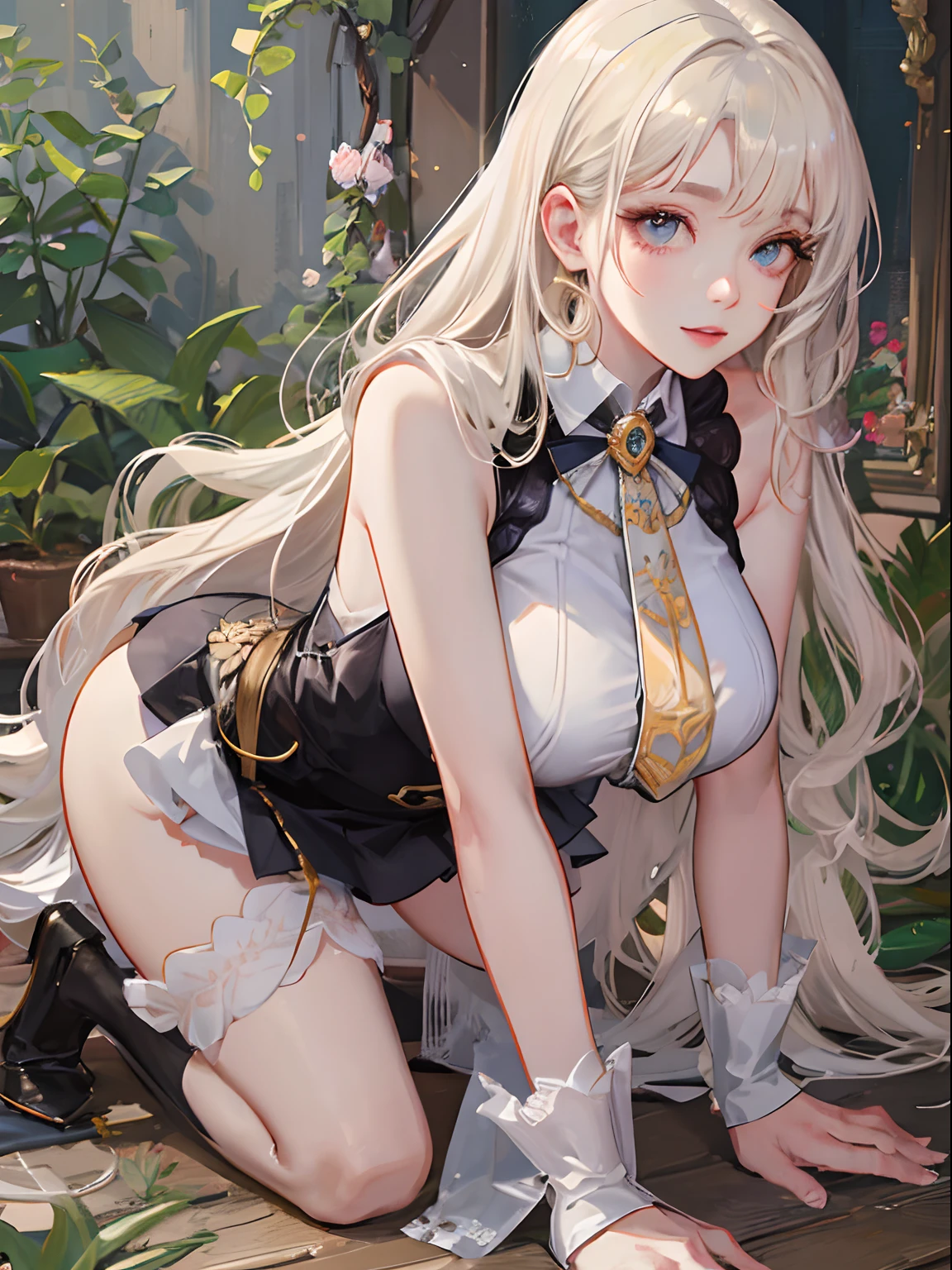 top-quality、Realistic、bule、Noble daughter、Clothes that fit the body、Super huge、big eye、long lashes、Long upper eyelashes、voluminous eyelashes、Platinum Blonde Hair、Voluminous long hair、cute little、Extraordinary beauty、shining white skin、thighs thighs thighs thighs、submissive look、Flushed cheeks
、thin-waist、Big ass、Not wearing pants、Very short skirt、high-detail、Sleeveless、sticking out the buttocks、full bodyesbian、all-fours、Sheer costumes、shirt