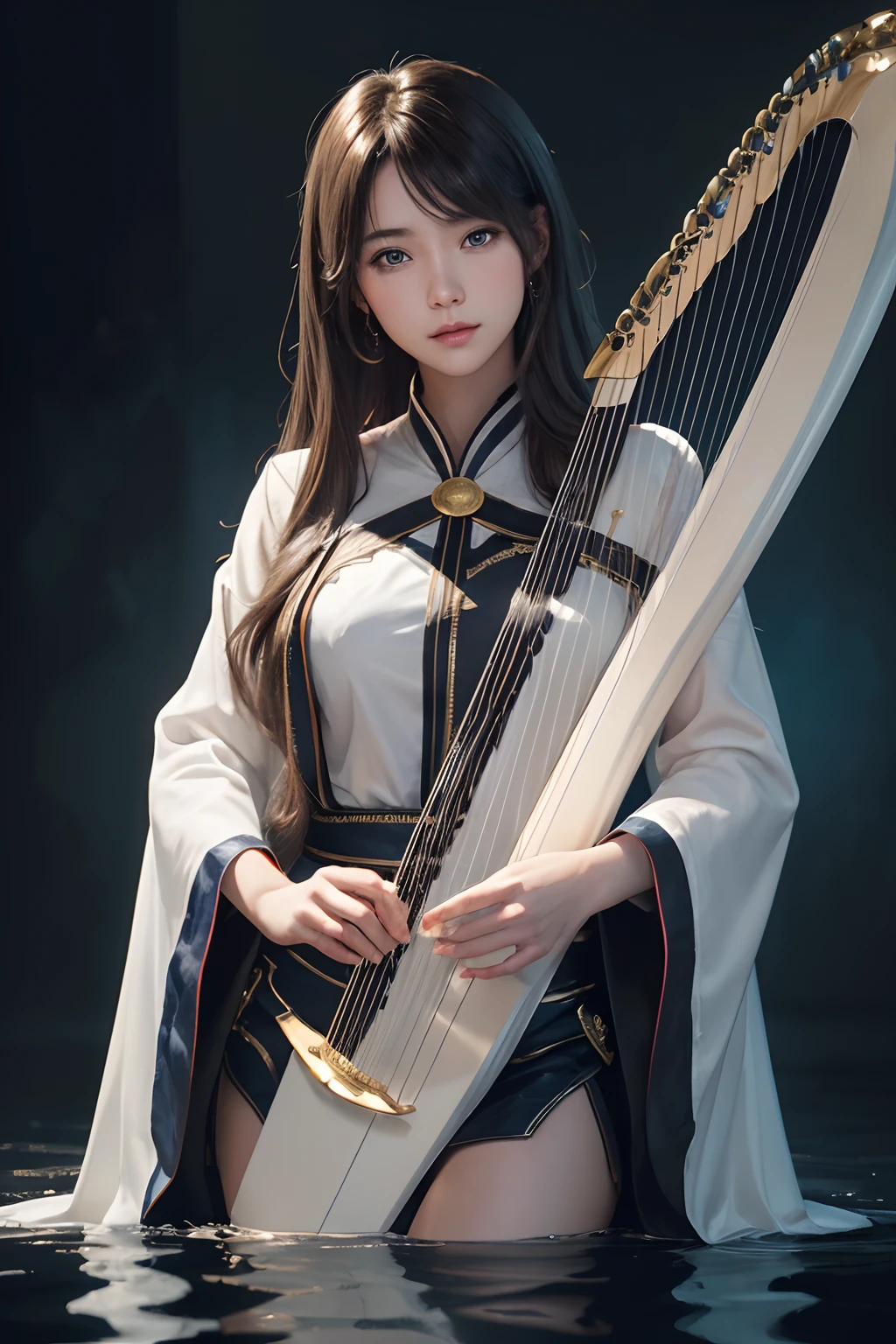 fishnet material suits:1.9,20 year old Japanese woman singing in 2,gold fishnet material suits:1.9,tights:1.5,(top quality、In 8K、masterpiece:1.2)、embarrassed:1.4、perfect body beauty:1.2、(ponytail:1.3),(light brown hair:1.harp jaw