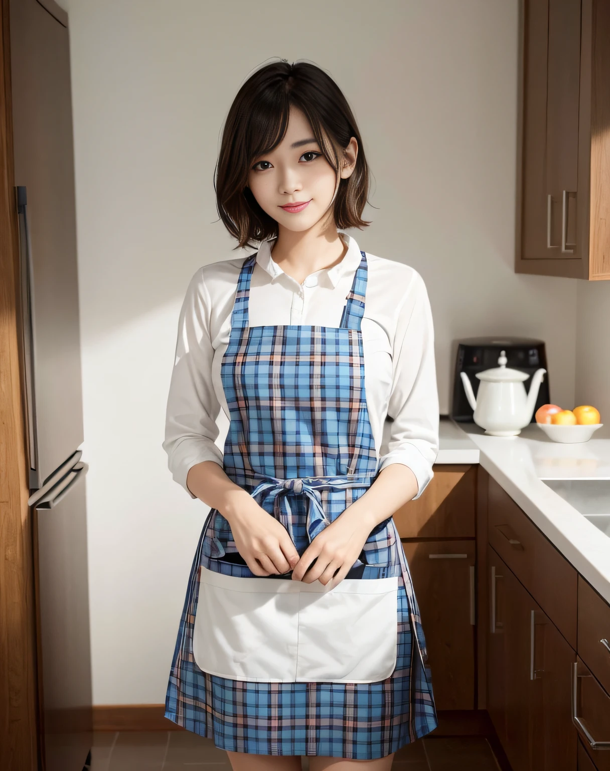 A girl (twenty years old, Japanese cute face) are wearing apron, mini skirt at the beach bar