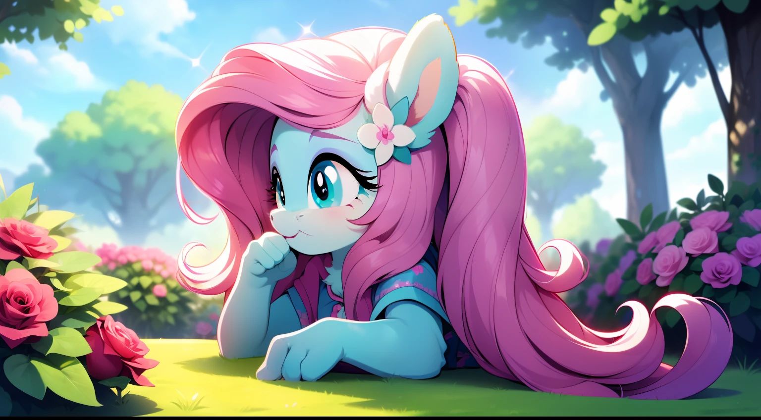 Masterpiece, Best quality:1.1), 1girll, Solo, Ass focus, (My Little Pony:1.1 Close-up of a cartoon pony, oc commission, with hooves and wings, avian!!! Colored skin, Long hair, Long hair, Outdoors, Rose garden, rosette, flower, Nature, plant, Grass, Romantic, fragrant, Colorful, Idyllic, Whimsical, mlp fanart, commission for high resolution, fursona commission, furaffinity commission, full body commission for, advanced digital chibi art, furaffinity fursona, pale red, [ Digital art ]!!, fursona art