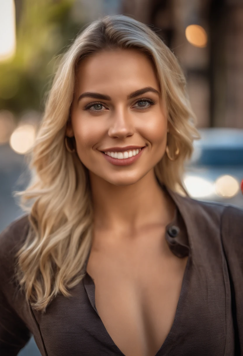 Smiling blonde woman walking down the street in Los Angeles. Sexy 25 Year Old. foto realista. Ultra Detailed. in sexy HDR clothing, Very realistic, photo realism, 8K, Cinematic lighting, natural pose, Latin American, full - body, Perfect angle, Sexy girl with brown eyes, ultra realistis, Very detailed, big eyes, no makeup, natural makeup, looking straight at camera, face with artgram, fine makeup, Medium to large size bust, , Sexy, Professional, shot on Canon, Shallow depth of field of 85 mm, Kodak Vision Color, realistic skin texture, Best Quality