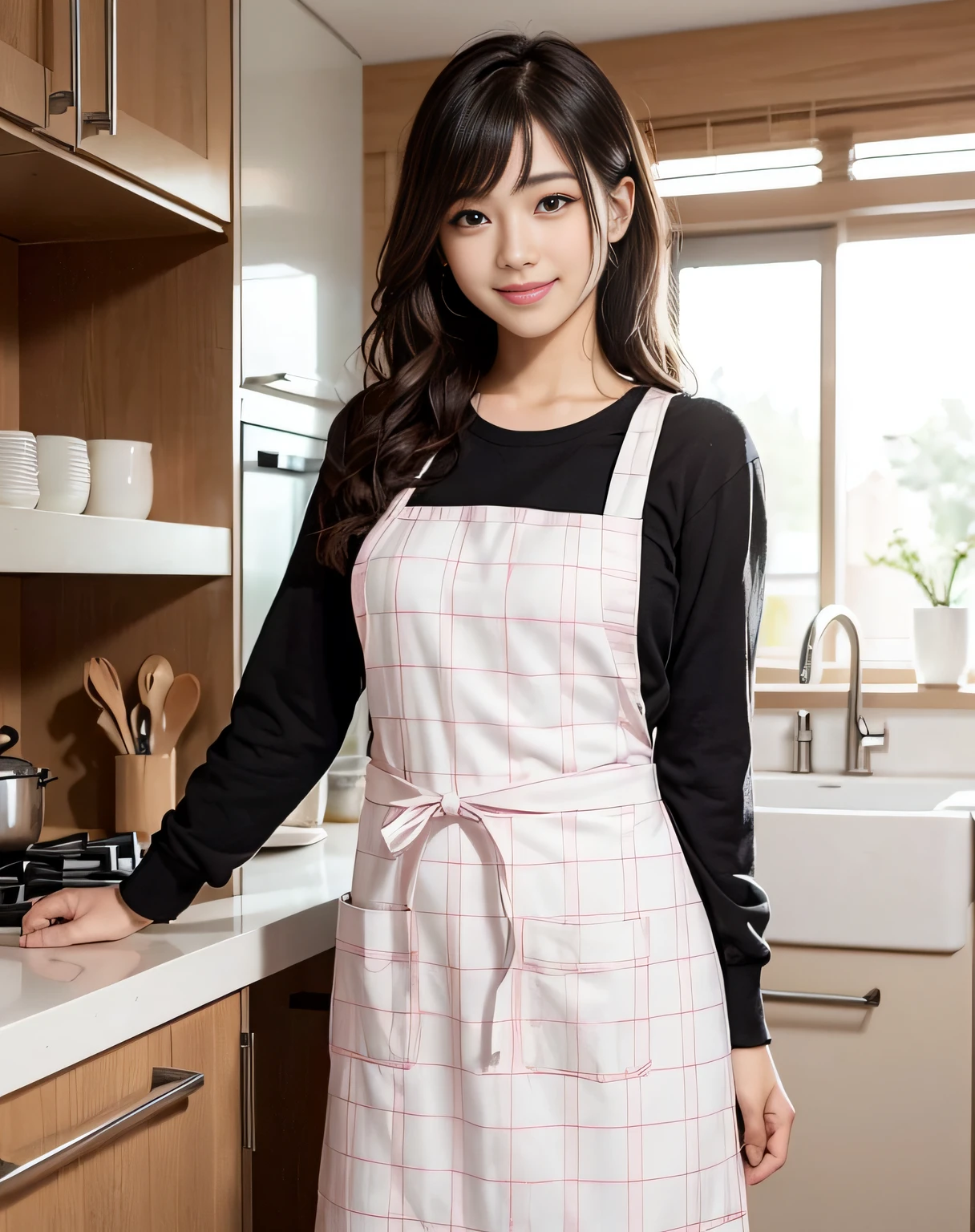 Close-up portrait of playful maid，cut hair short，wearing long sleeves, apron，Roll up your sleeves, amazing body，pronounced feminine features，plum，kitchen，[ash blonde |Ginger |pink haired]，freckles，Flirting on camera，dew point