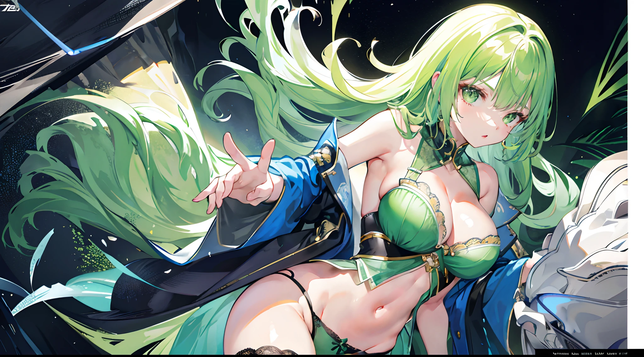 1girl in,light skinned, large and soft,thin waist, Revealing y green lace panth a lewd expren