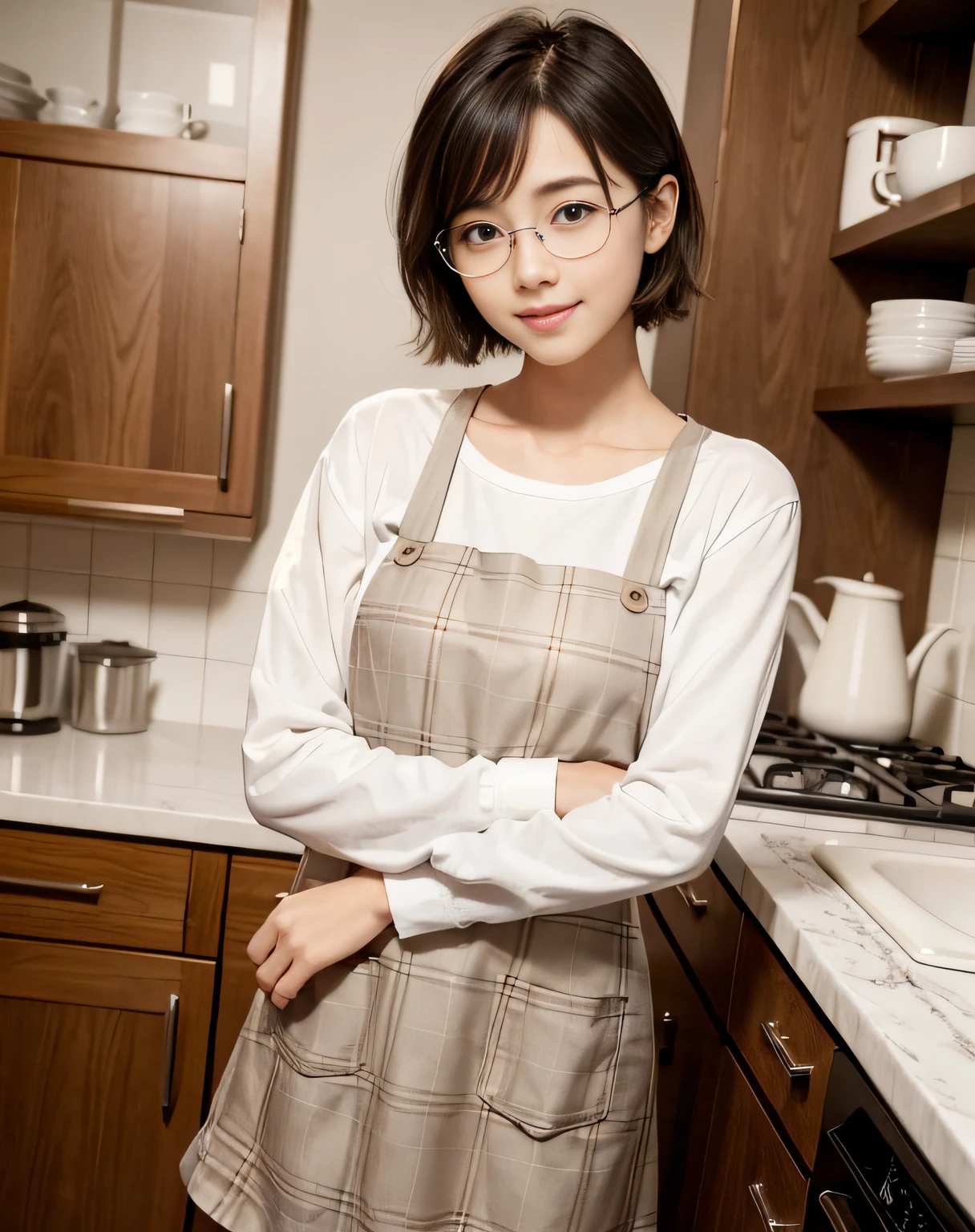 /*Quality sentences*/
of the highest quality, 16 K, masterpiece, hyperdetailed face, very detailed lips, Detailed eyes, Realistic pupils,
BREAK,
/*Characters and expressions*/Extremely Beautiful Girl, Japanese girl, 1 girl, Light on Face, short Hair, (Very sweet smile:1.2), BREAK /*garments*/ ((plaid pattern apron)), glasses
BREAK
/*pose*/
nice hands, perfect hands,
BREAK
/*Angular posture*/
in kitchen, pantry, looking at viewer