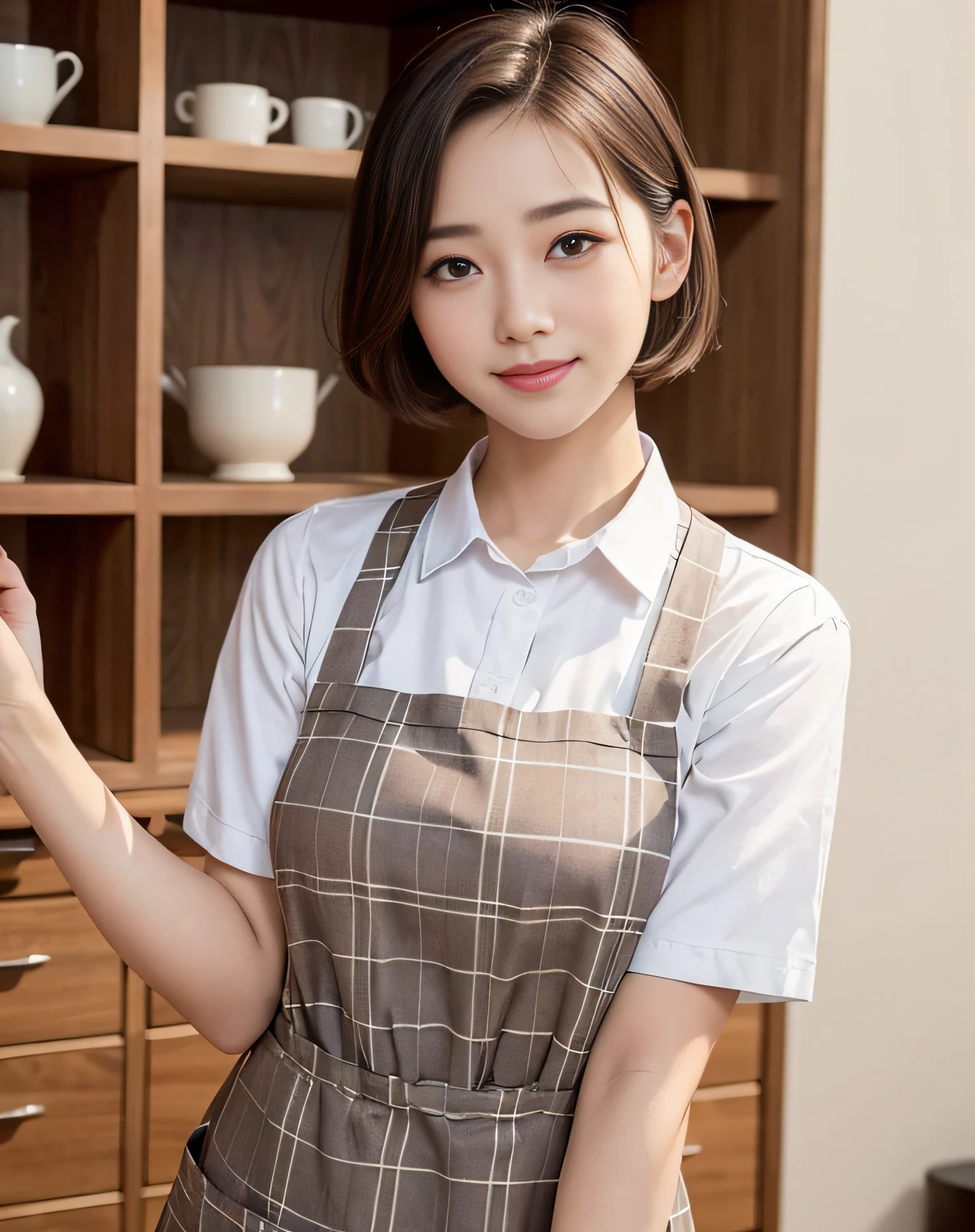 (highest quality、Tabletop、8k、Best image quality、Award-winning works)、Woman working in a café、The perfect brown apron、A classy shirt and apron、Big Breasts、(Accentuate your body lines:1.1)、Beautiful woman portrait、The most elegant and cozy cafe、The most natural cafe, Perfectly organized、The most atmospheric and warm lighting、Stylish and elegant cafe、Strongly blurred background、Look at me and smile、Accurate anatomy、Ultra high resolution perfect beautiful teeth、Ultra-high definition beauty face、Ultra HD Hair、Ultra HD The Shining Eyes、The Shining, Super high quality beautiful skin、Super high quality glossy lip