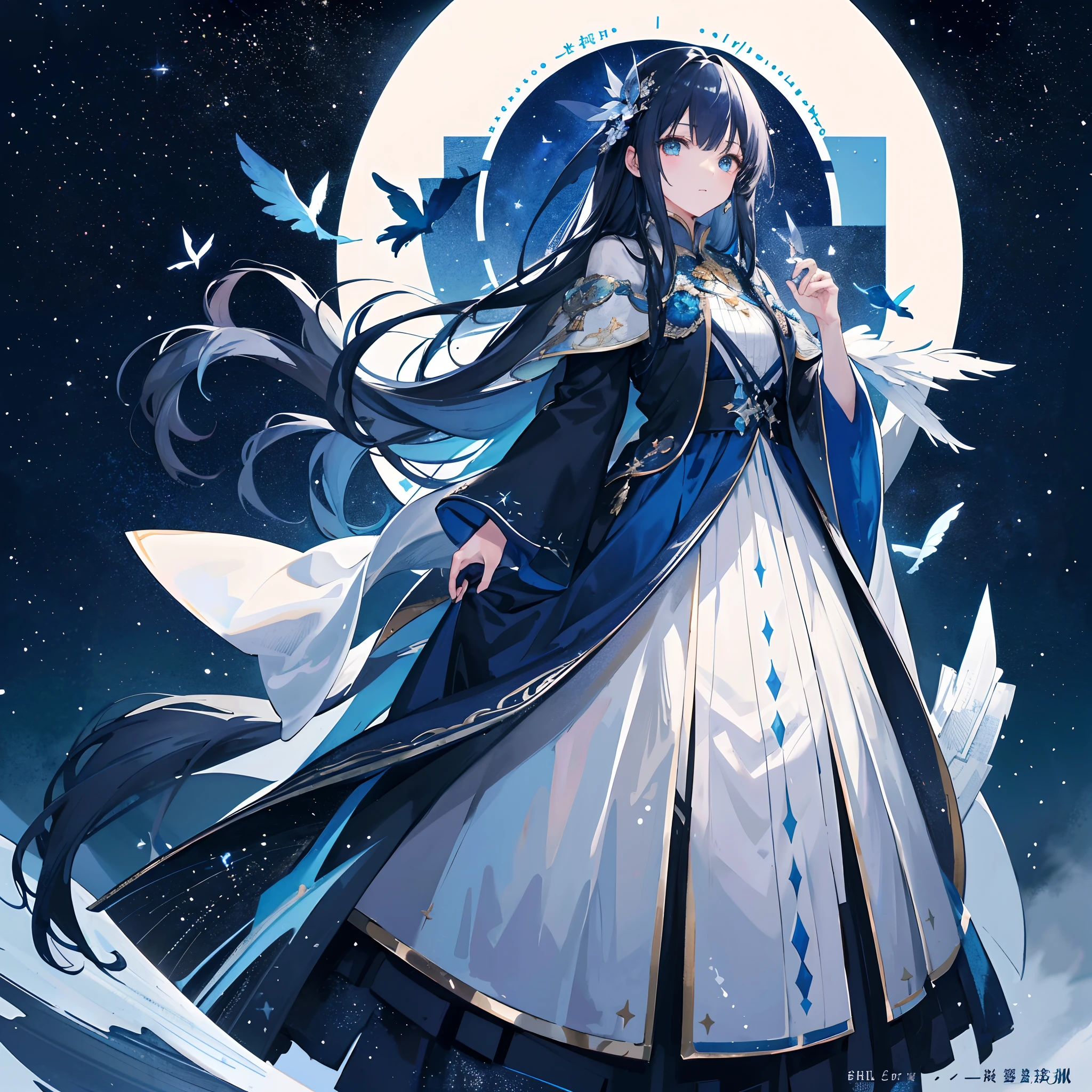((ultra - detailed)),((illustration)),((tmasterpiece)),(((Need))),((美丽细致的眼睛)),(the Extremely Detailed CG Unity 8K Wallpapers,best qualtiy,tmasterpiece),((4K,tmasterpiece,best qualtiy)),Slightly mature girl standing alone in the galaxy,Long dark blue hair,long whitr hair,The inside is navy blue,The outer side is dark blue,Long hair and waist,Dark blue feather dress dress,Dark blue cape shawl,Under the cloak are the stars,A sky full of stars,In the universe,Star eyes,Quiet,gyuru,There are many huge dark blue butterflies dotted with stars around,The river of stars surged under your feet,Whole body diagram,blacksilk,long skirt,Poor milk,Dark blue boots,Star hair ornaments,The mirror shattered into wings
