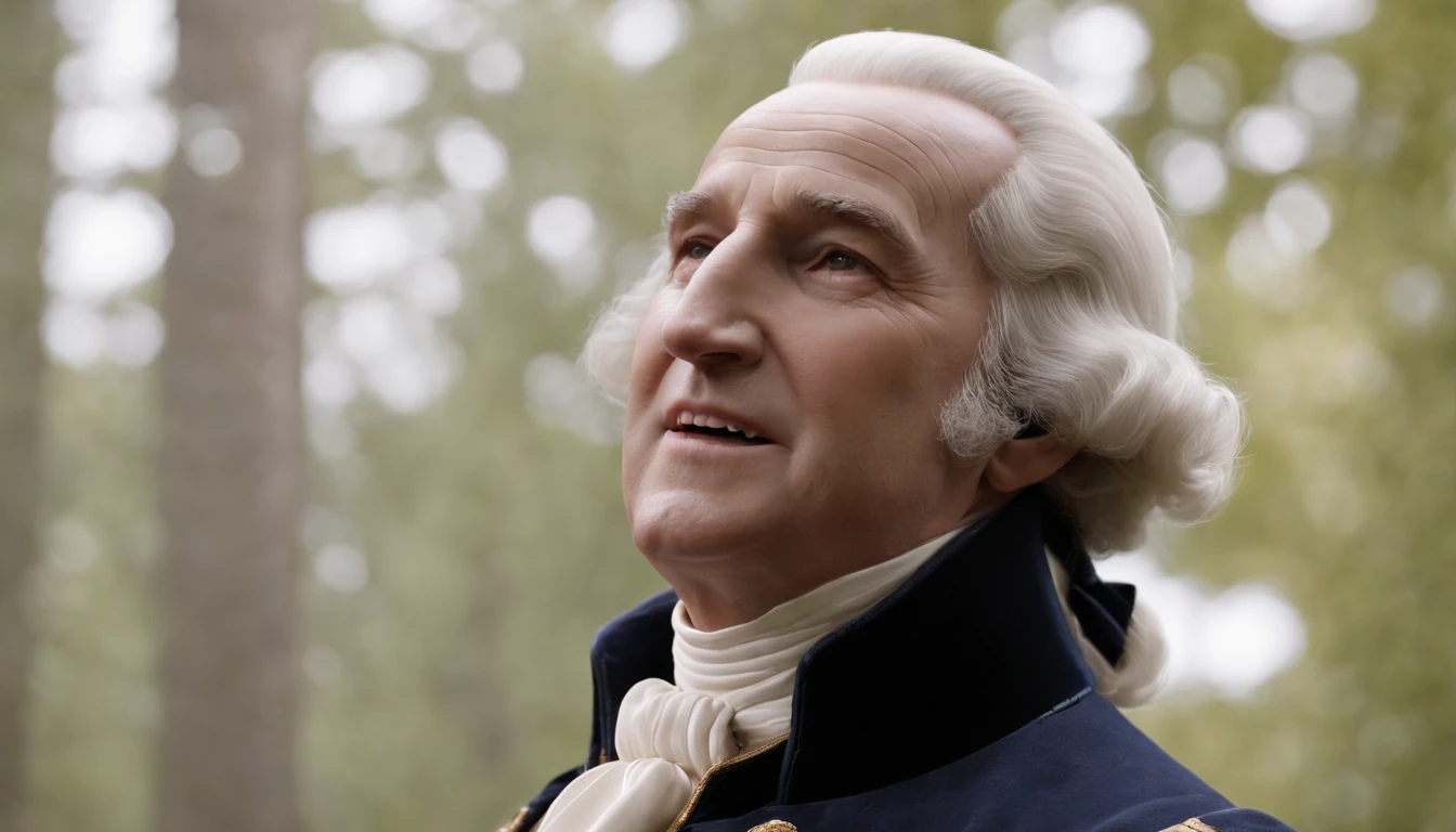 "Generate a 4K ultra-realistic image of George Washington with an open mouth, showcasing his luxurious dentures. Ensure that the image captures the fine craftsmanship and opulence of his dentures, highlighting their intricate details, while maintaining a lifelike portrayal of George Washington's face and surroundings."