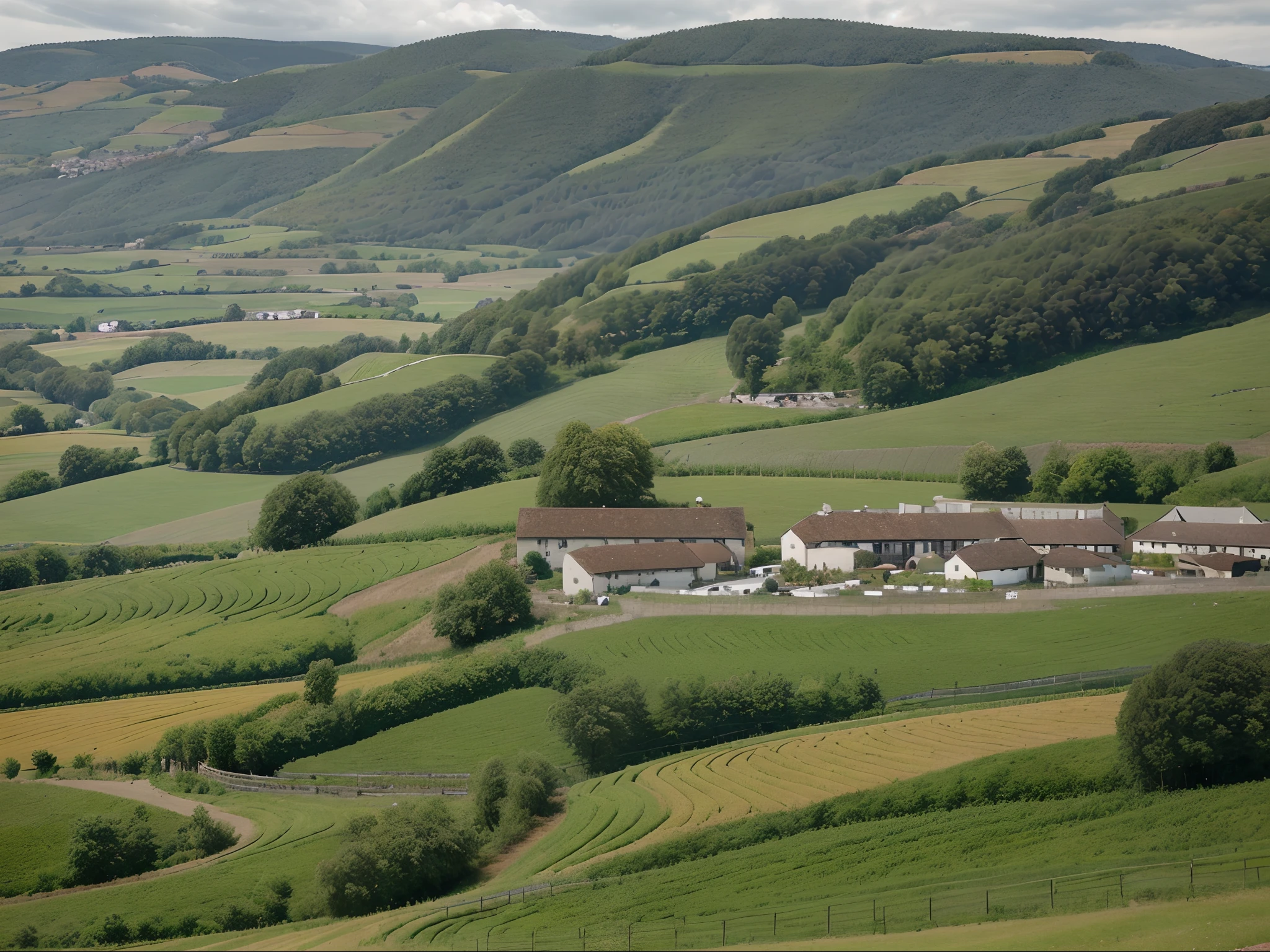 A panoramic view of a picturesque countryside with a brewery nestled amidst rolling hills.
