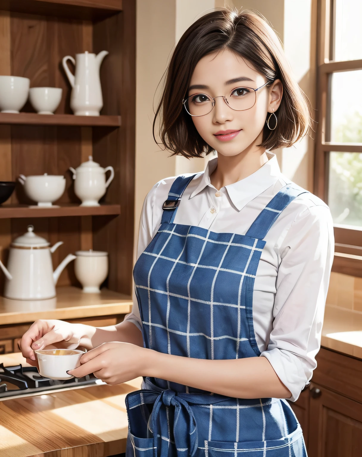 /*Quality writing*/
of the highest quality, 16 K, masutepiece, hyperdetailed face, very detailed lips, Detailed eyes, Realistic pupils,
BREAK,
/*Characters and expressions*/Extremely beautiful girl, japanaese girl, 1 girl, Light on Face, Short hair, (Very sweet smile:1.2), BREAK /*garments*/ ((Plaid apron)), eye glass,
Romper
/*Pose*/
nice hand, Perfect hands,
BREAK
/*Angular posture*/
in kitchen, pantry, Looking at Viewer