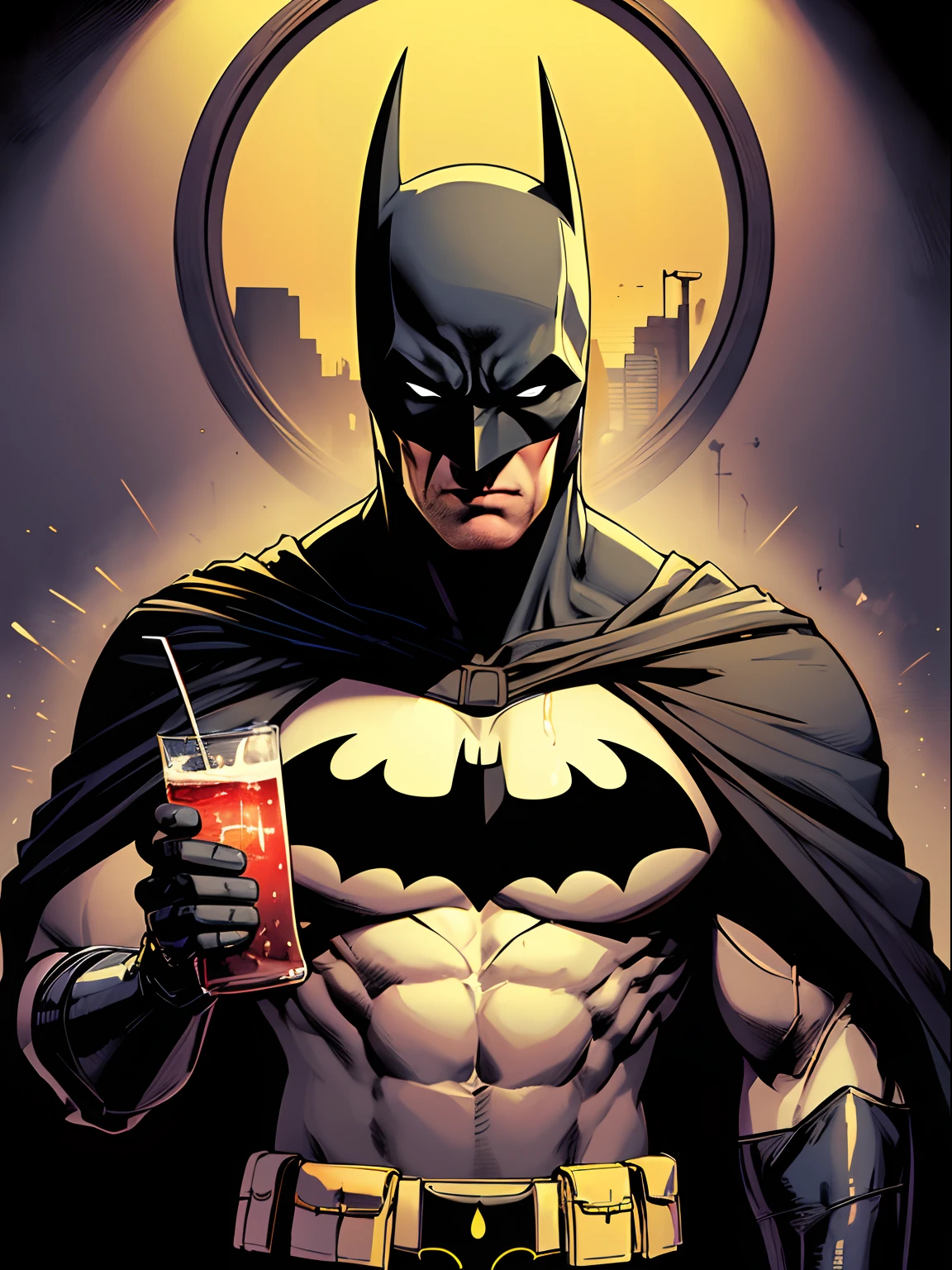 masterpiece, (absurdres, highres, ultra detailed),batman,1boy,solo,holding,soda,drink, black cape,mask,white eyes,no pupils ,superhero,bat ears,pouch,spandex, black bodysuit ,abs,muscular male,utility belt