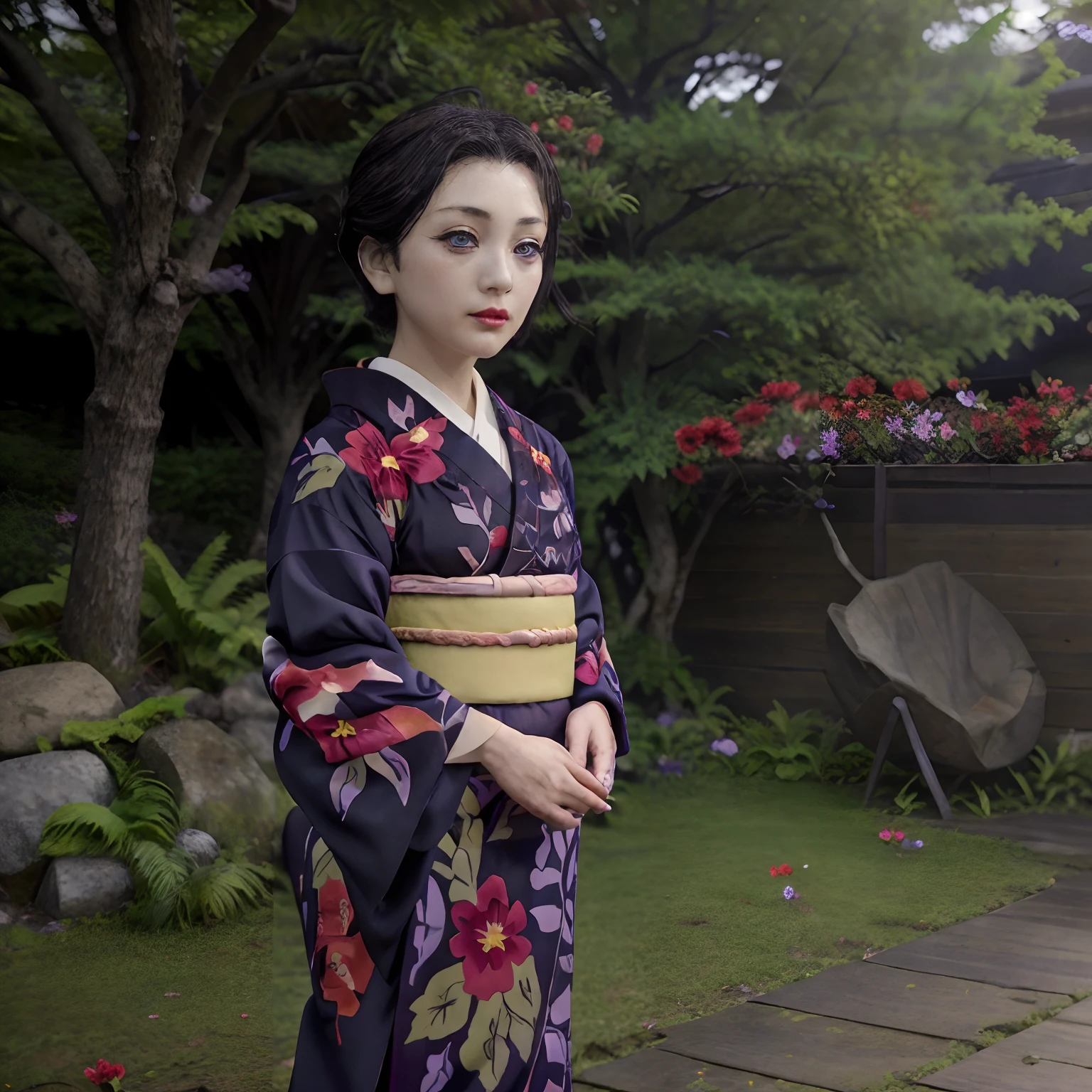 outdoor,forest,high quality,Masterpeace,Tamayo, 1girl, solo, short hair, black hair, hair ornament, long sleeves, purple eyes, japanese clothes, wide sleeves, kimono, sash, makeup, obi, floral print, sandals, lipstick, red flower, tabi, red lips, print kimono, purple kimono, zouri