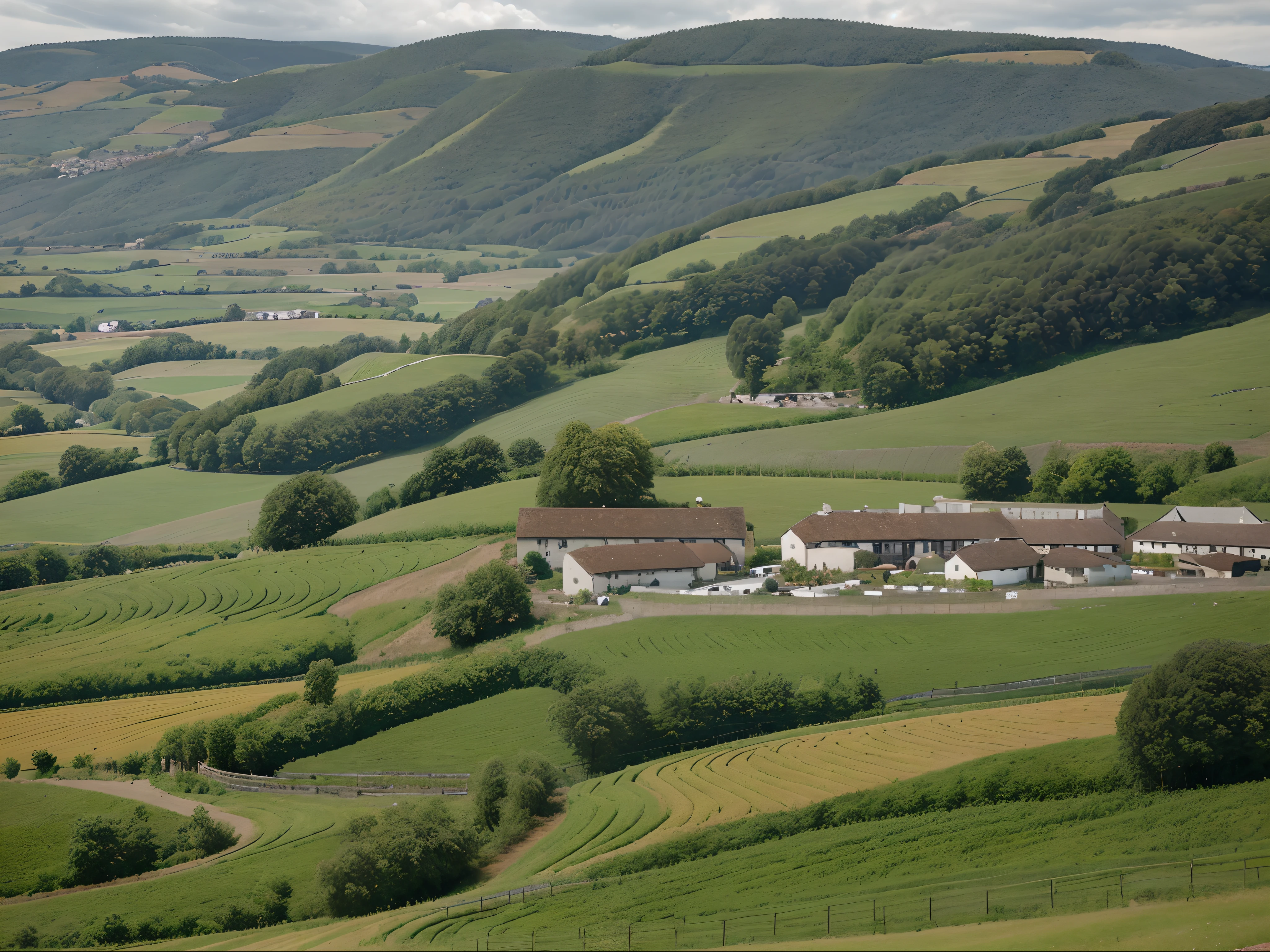 A panoramic view of a picturesque countryside with a brewery nestled amidst rolling hills.
