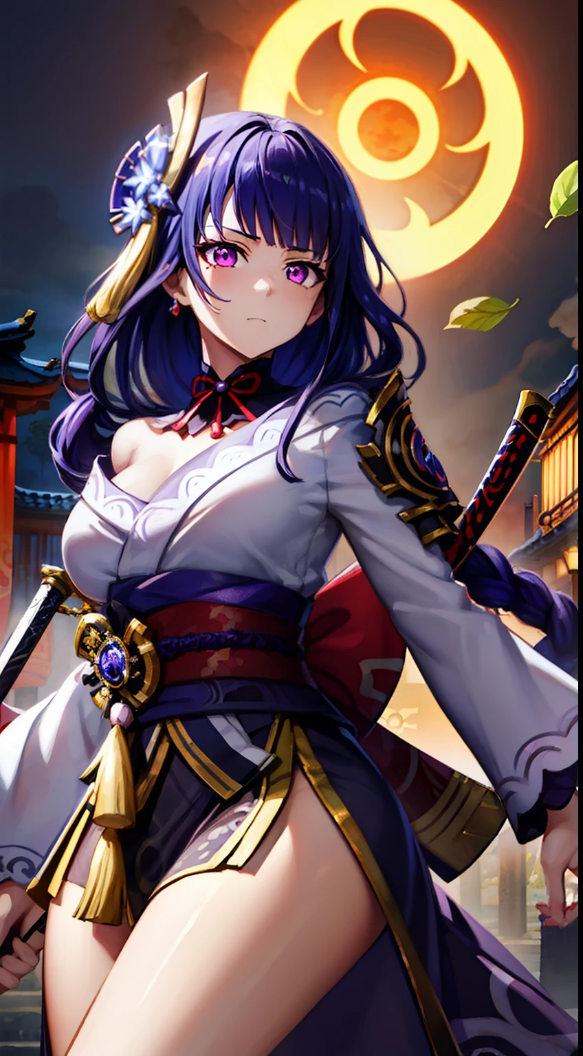 Digital Art, Anime girl holding a sword with a sword and a purple dress, Full-length(Body Full 1.1), ayaka genshin impact, ayaka game genshin impact, zhongli from genshin impact, keqing from genshin impact, hyuga hyuga, shalltear from overlord, black - haired mage, high detail official illustrations, fire emblem, onmyoji portrait, ((a beautiful fantasy empress))，extremely large breasts，blusher，Korean beauty，Korean goddess，Demon Slayer Art Style, long sleeves, Perfect Curved Body, Tattooed body with leaves, permeating Her body, Lovely Medium Breasts, Her breasts are sticking out from under her clothes, BREAK (Master Part: 1.2), Best Quality, High Resolution, photorealestic, photogenic, Unity 8k壁纸, (illustartion: 0.8), (Beautiful detailed pink eyes: 1.6), extremely detailed face, perfect  lighting, extremely detailed CGI , (perfect arms, perfect anatomy), demon slayer rui fanart, badass anime 8 k, Demon Slayer, Anime Key Art, 4 k manga wallpapers, kimetsu no yaiba, anime wallaper, Ultra Transparent, Ultra Detailed, very extremely beautiful, anime epic artwork, Anime Art Wallpapers 8K, Local Art & epic composition, very extremely beautiful, beautiful breasts, old Japan, (tmasterpiece, beste-Qualit),