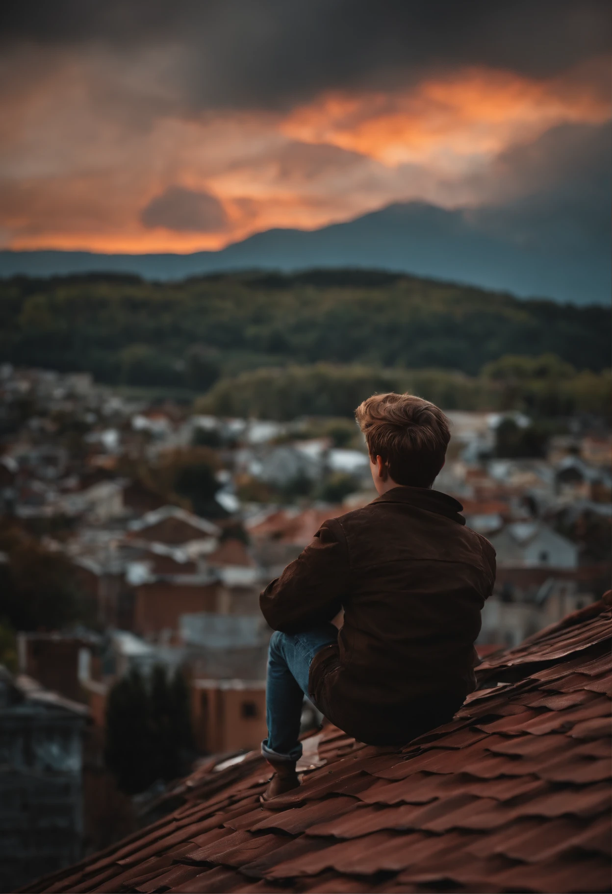 A boy was sitting on the roof of his house and he was watching his whole town. He was putting on his jacket and his name was written on the back of the jacket. There was a fire next to him. And the sky was filled with many clouds