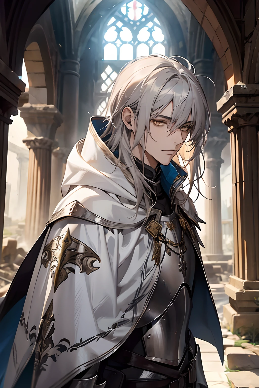 male, messy silver medium length hair with bangs, yellow eyes, adult face, adult, white hood and shroud, breast plate armor, handsome, medieval fantasy, ruins, sorcerer, looking at viewer