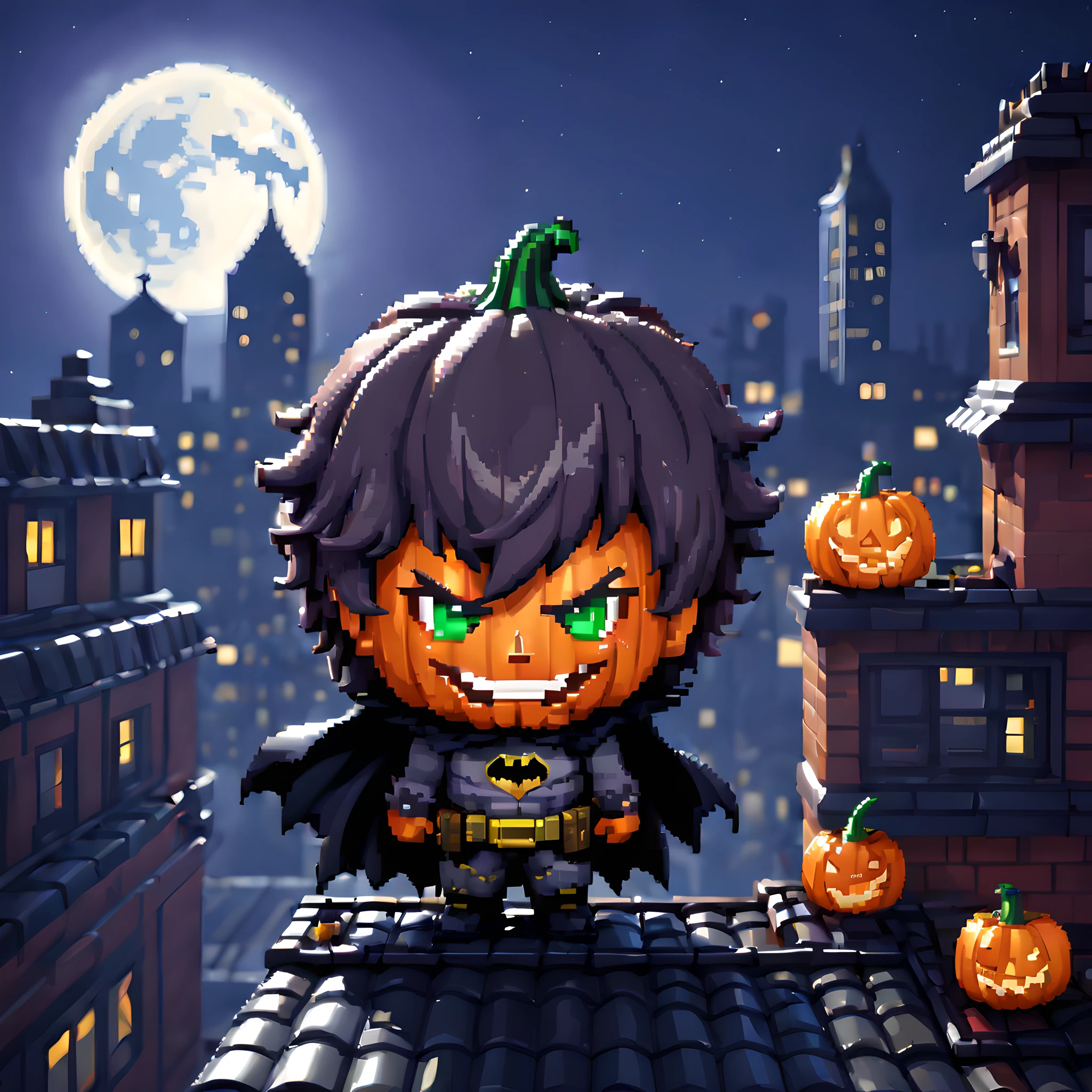 (Pixel art:1.5), (batman:1.5), (Gotham city:1.5), (Halloween:1.5), (pumpkin face:1.5), (moonlight:1.5), cute, pixel art, chibi emote, chibi character, 2D, (rooftop:1.5),
