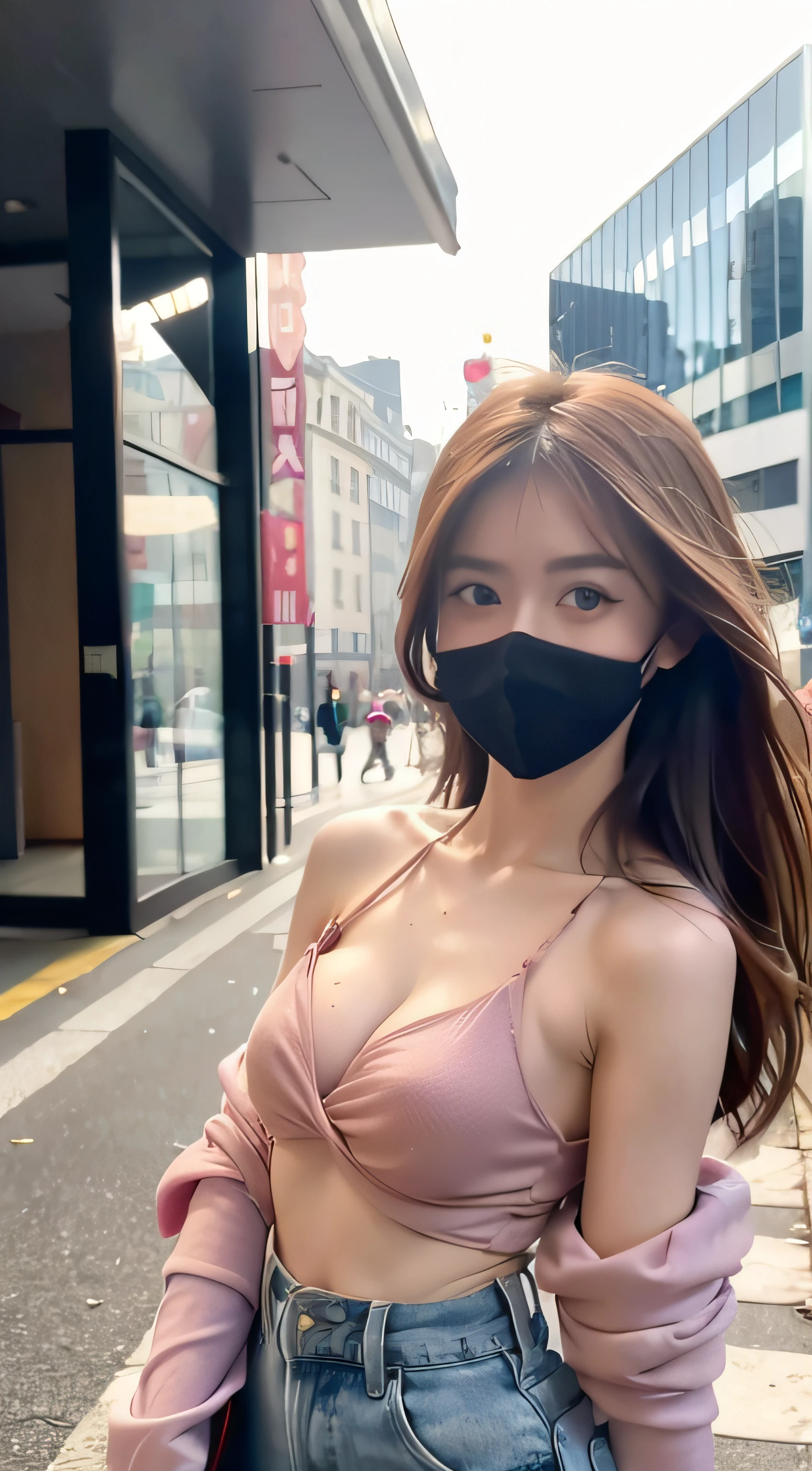 Best quality, ((masterpiece)), 8k, ((a hot beautyful curvy asian girl)), ((detailed face)), (there is a cyberpunk city in the background), (good anatomy), detailed eyes, detailed face, (((long black hair))), (((pink, black lacy latex Babydoll with Garter Belts Sexy ))), ((Secretary outfit)), good anatomy, (big tits), (posing with her breasts), facing the camera, ((she wearing a black mask)), makeup, (posing with her breasts), (((focus on ))), ((big  medium size))