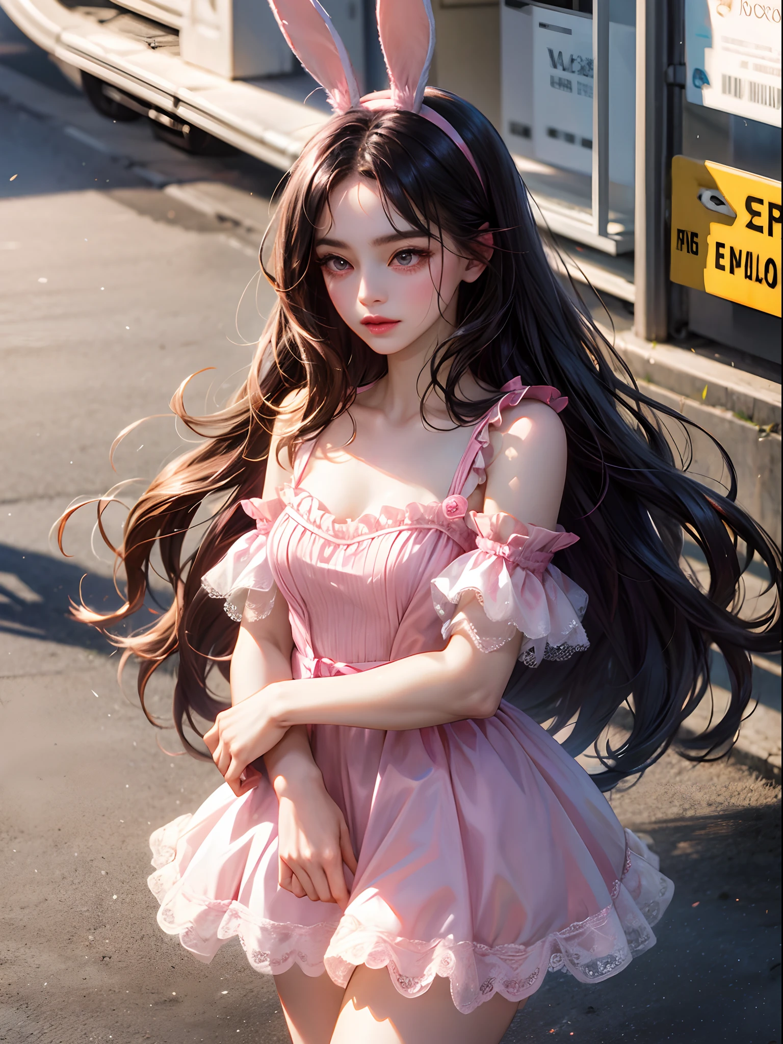 a women, pink bunny ears, black hair, pink eyes, pink dress