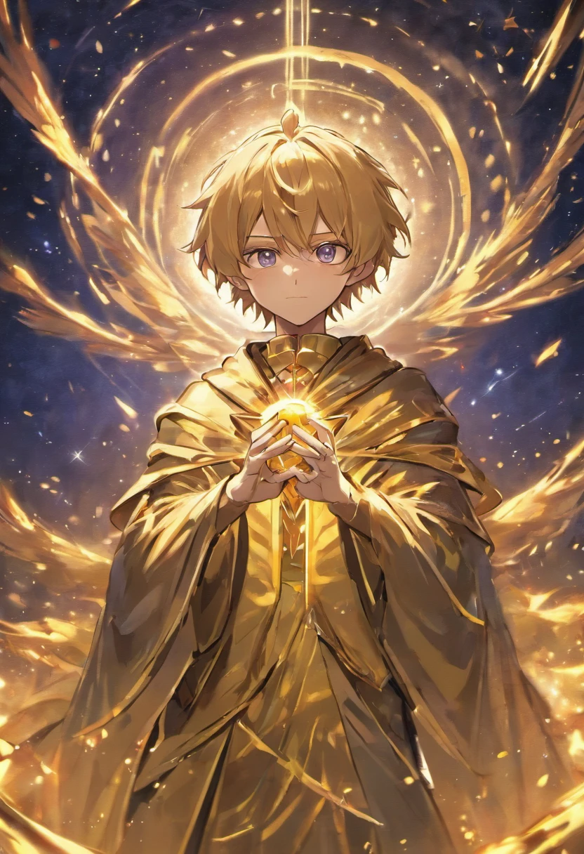 Under the starry sky, a huge illusory golden humanoid in the shape of a cloth cloak sits on a throne of the illusory starry sky, with golden flames coming out of its eyes,A gray hair、A young man with purple and gold eyes stood below in a black and gold robe,