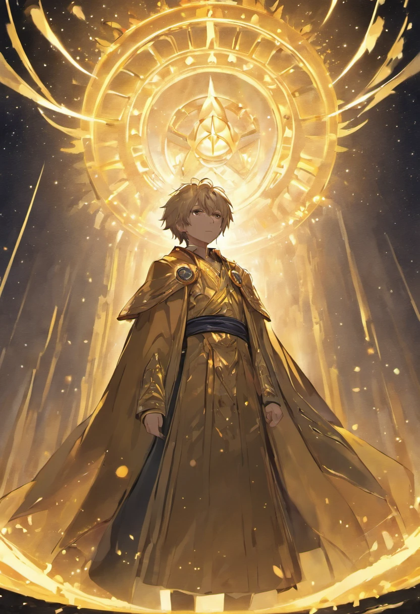 Under the starry sky, a huge illusory golden humanoid in the shape of a cloth cloak sits on a throne of the illusory starry sky, with golden flames coming out of its eyes,A gray hair、A young man with purple and gold eyes stood below in a black and gold robe,