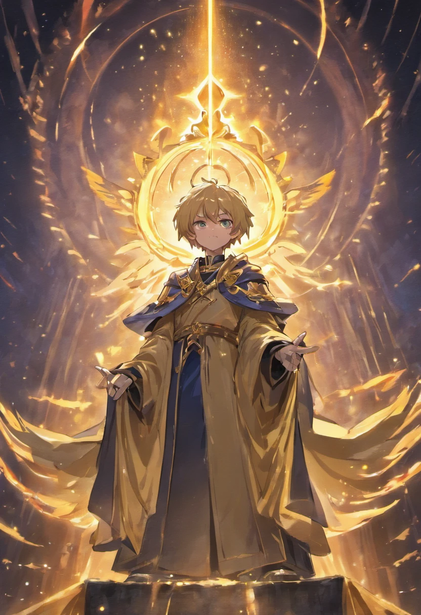 Under the starry sky, a huge illusory golden humanoid in the shape of a cloth cloak sits on a throne of the illusory starry sky, with golden flames coming out of its eyes，A gray hair、A young man with purple and gold eyes stood below in a black and gold robe，