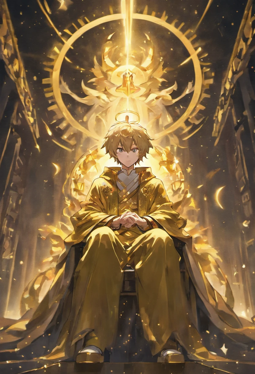 Under the starry sky, a huge illusory golden humanoid in the shape of a cloth cloak sits on a throne of the illusory starry sky, with golden flames coming out of its eyes,A gray hair、A young man with purple and gold eyes stood below in a black and gold robe,