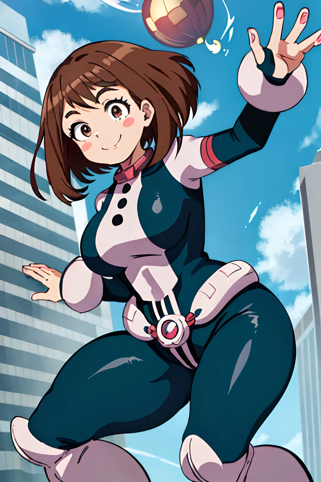 masterpiece, best quality, highres, ochako, blush stickers, short hair, (((superhero, bodysuit 1.6))), huge breasts, superhero, bodysuit, boots, sky, building, mid air, hand on hip, wide hips, thick thighs ((curvy)), latex suit, sexy, smile, sensual, (((mature female 1.5))), PBR textures, levitating